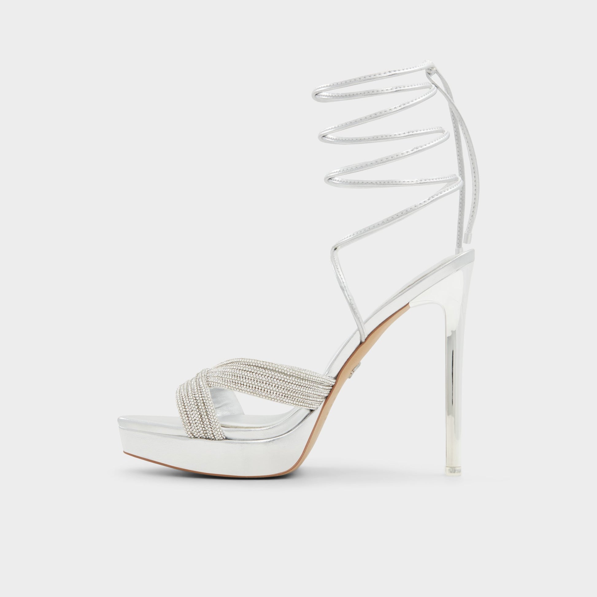 Side view of Silver Vivyana Strappy heeled sandal