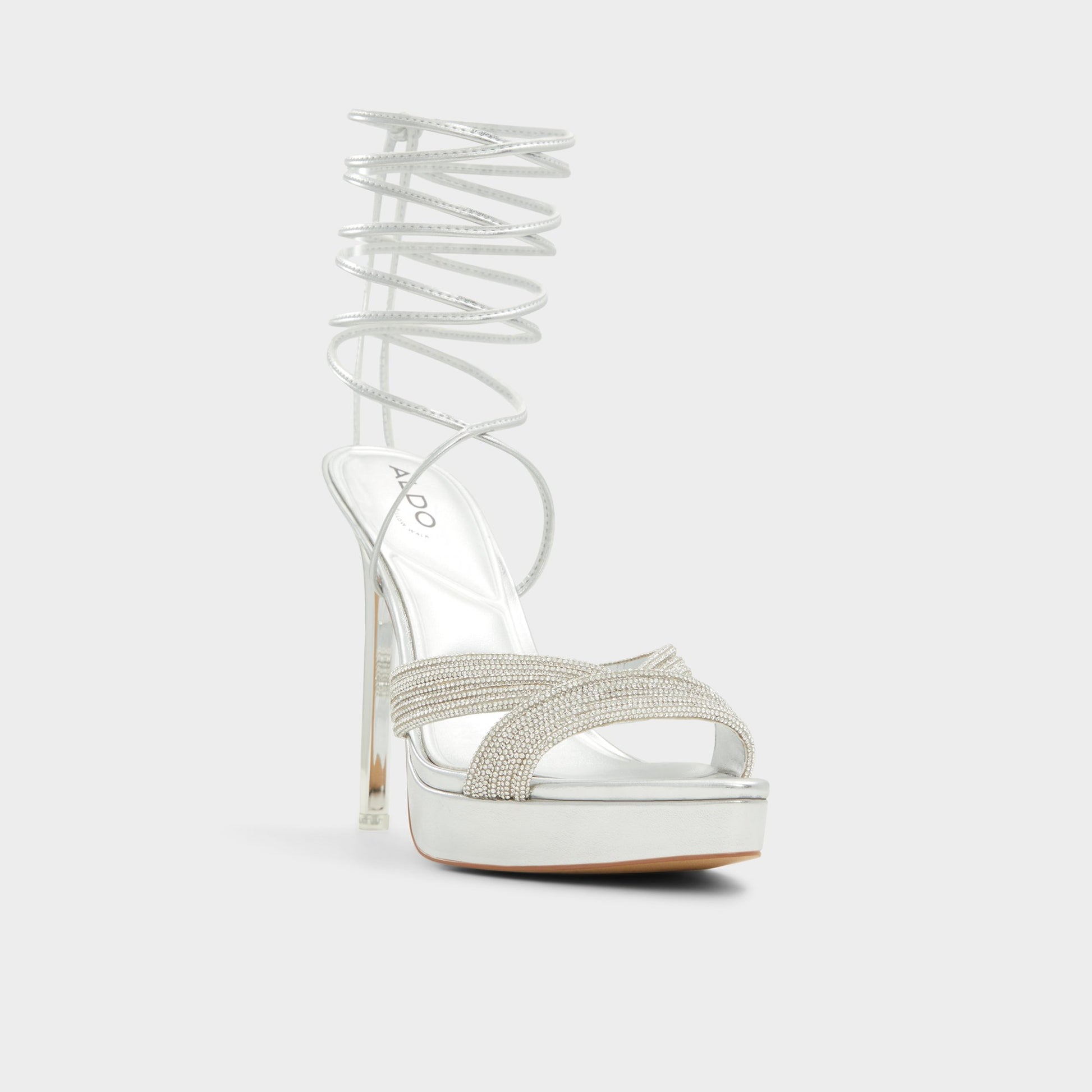 Three-quarter angle of Silver Vivyana Strappy heeled sandal's front side