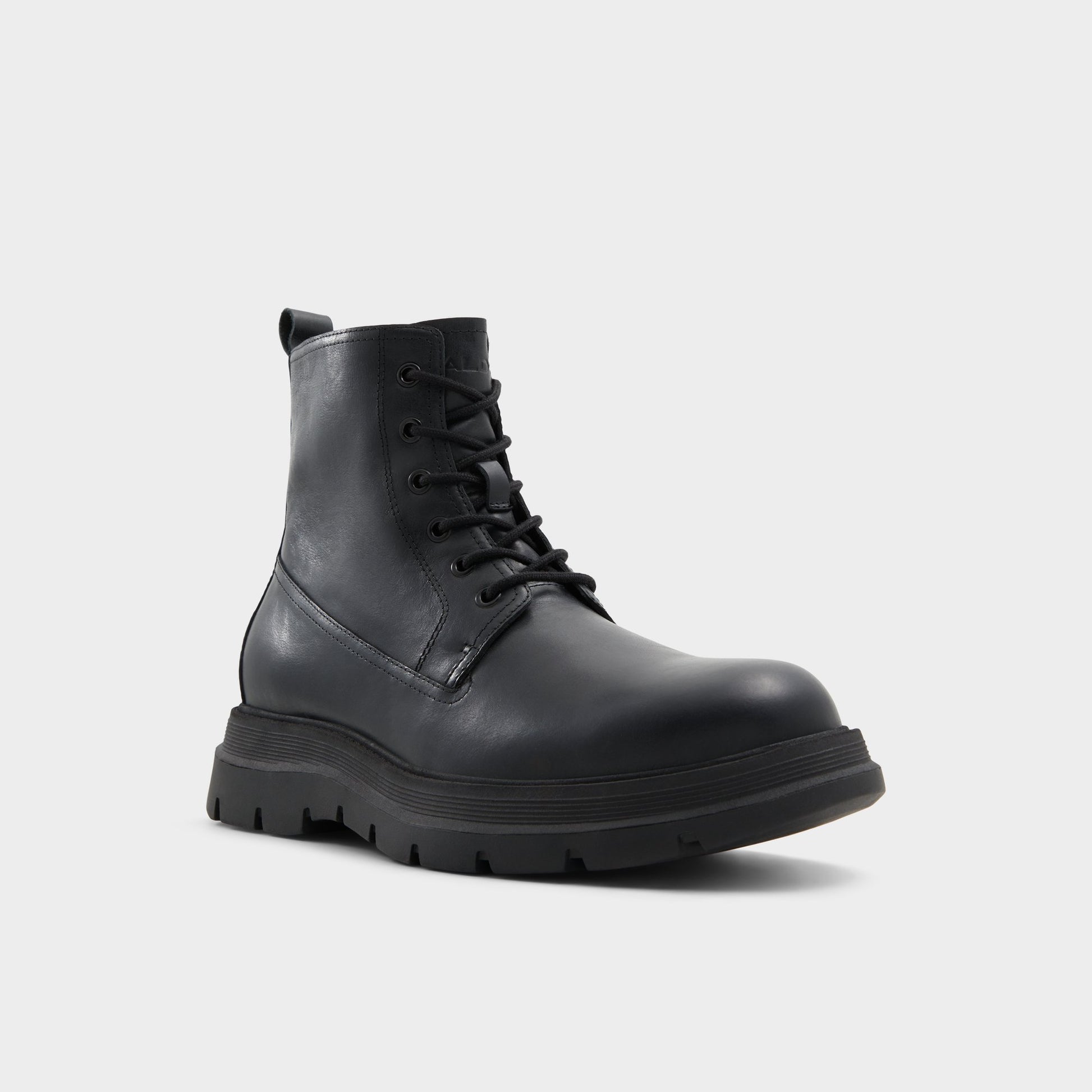Three-quarter angle of Black Reish Lace-up boot's front side