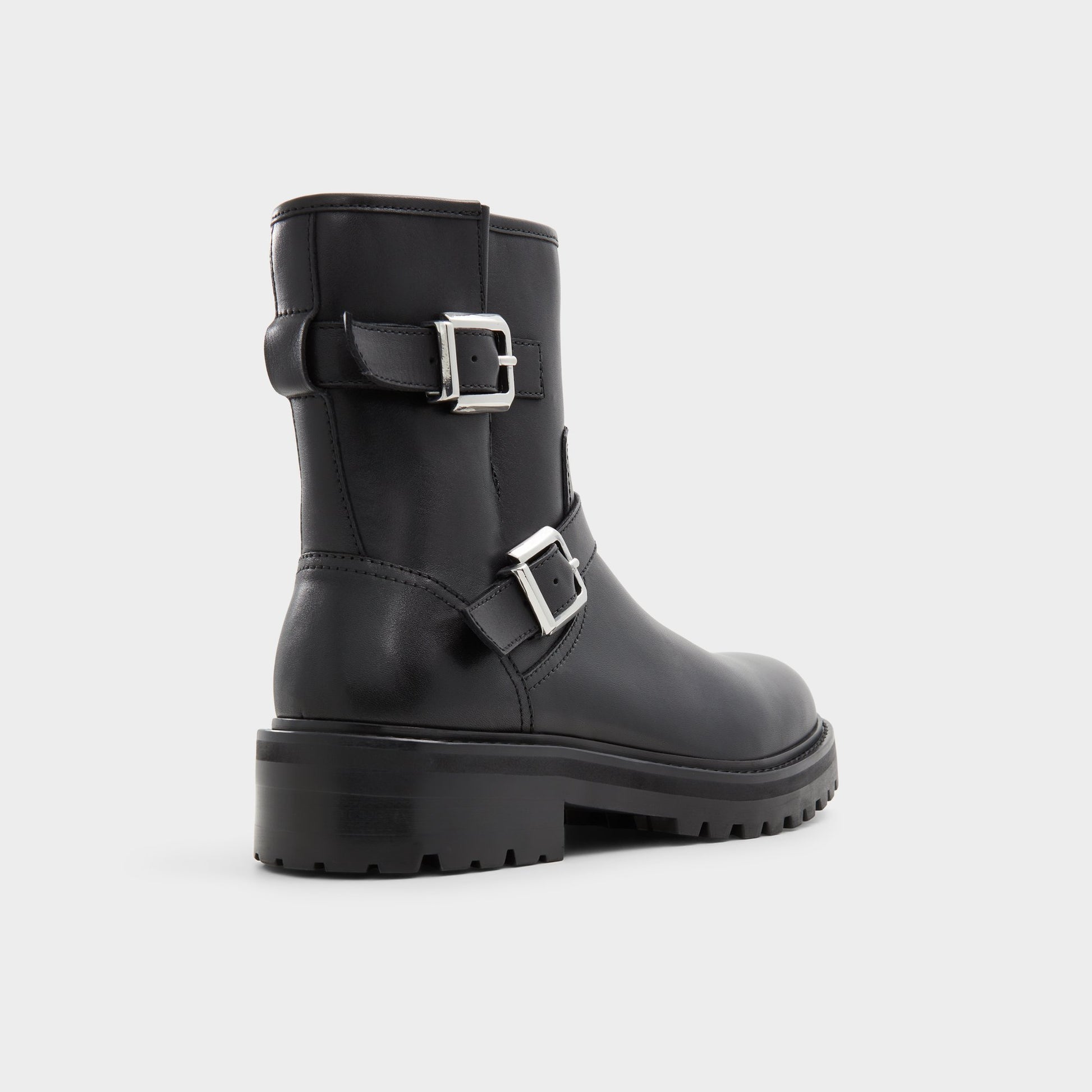 Three-quarter angle of Black Carys Motorcycle ankle boot's back side