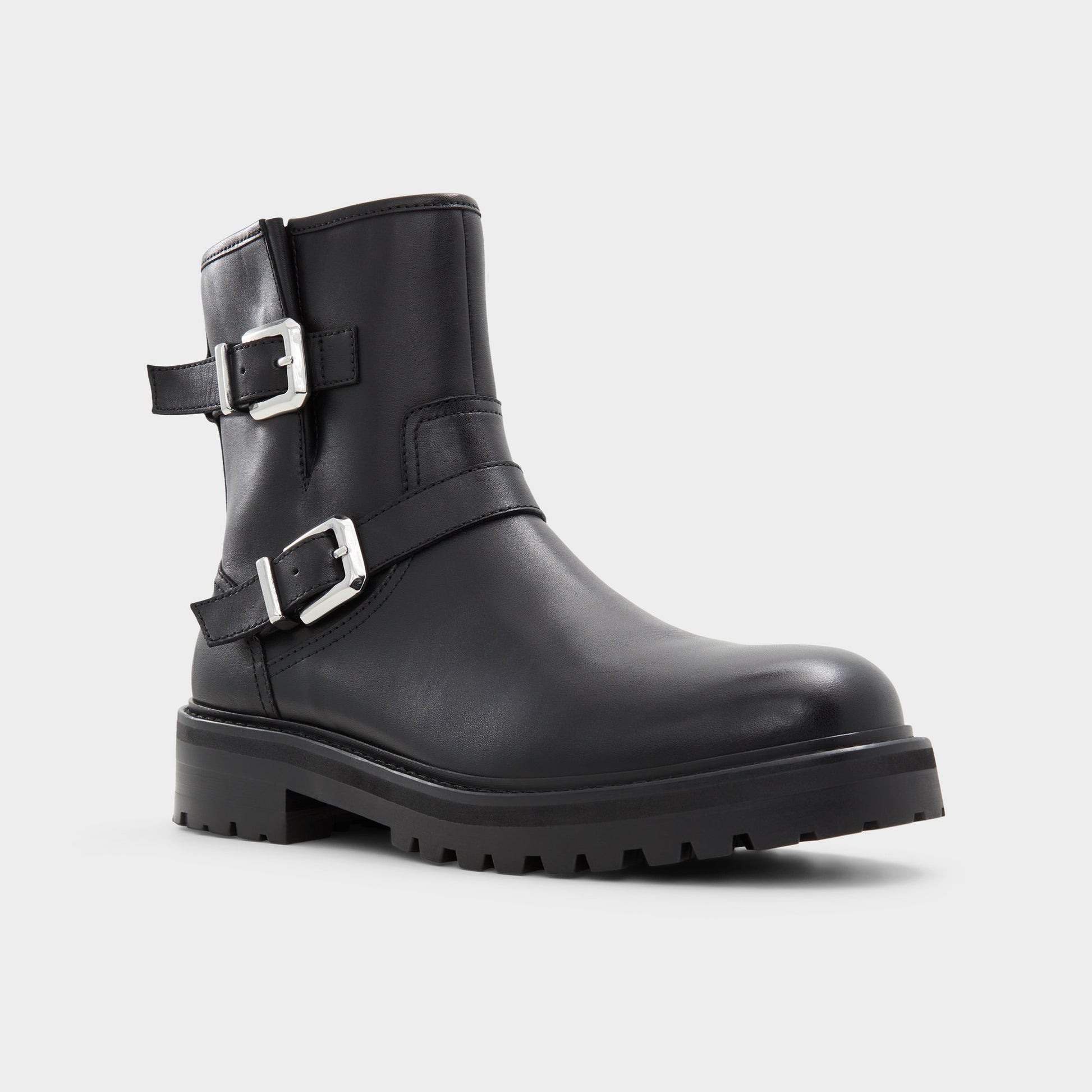 Three-quarter angle of Black Carys Motorcycle ankle boot's front side