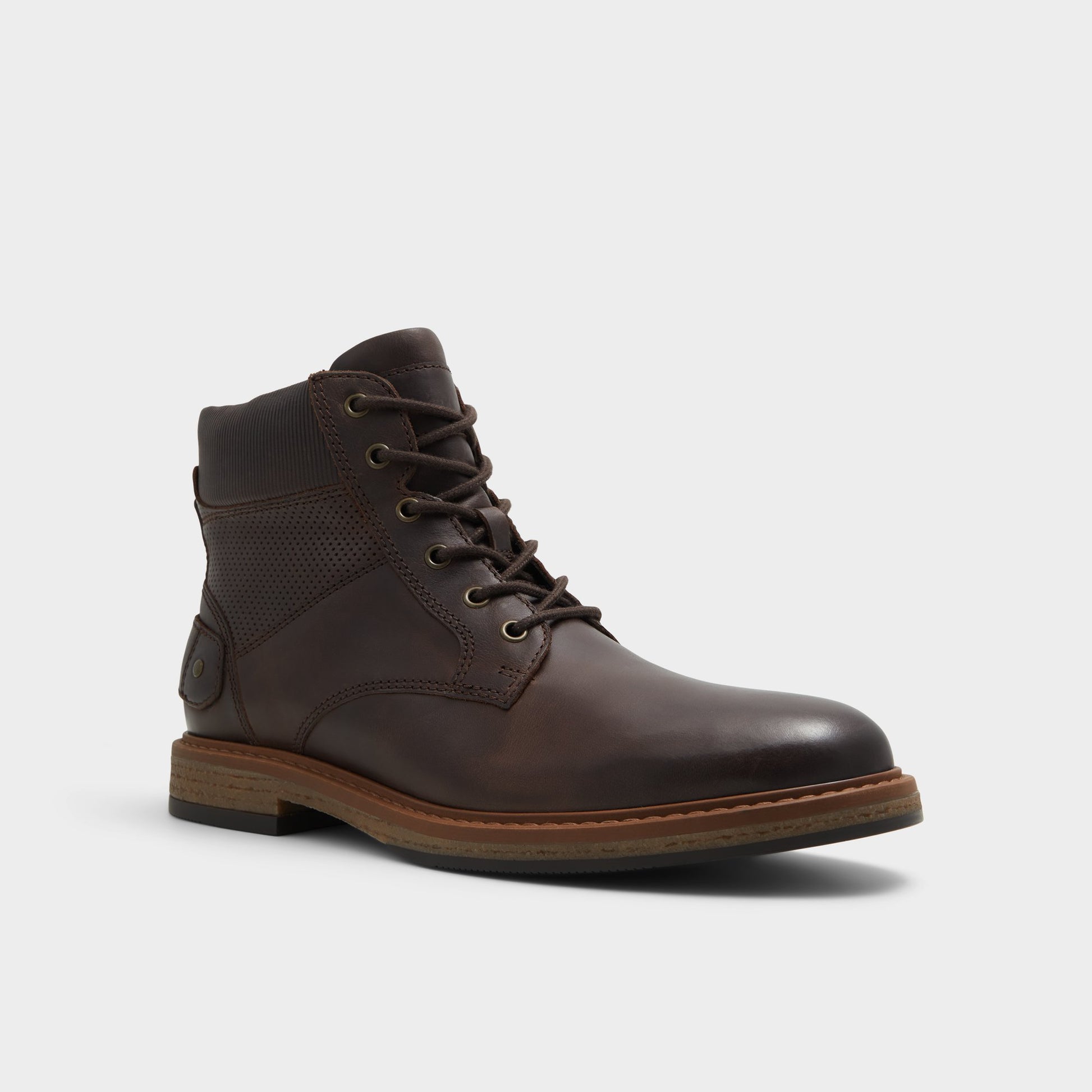 Three-quarter angle of Dark Brown Halard Lace-up boot's front side