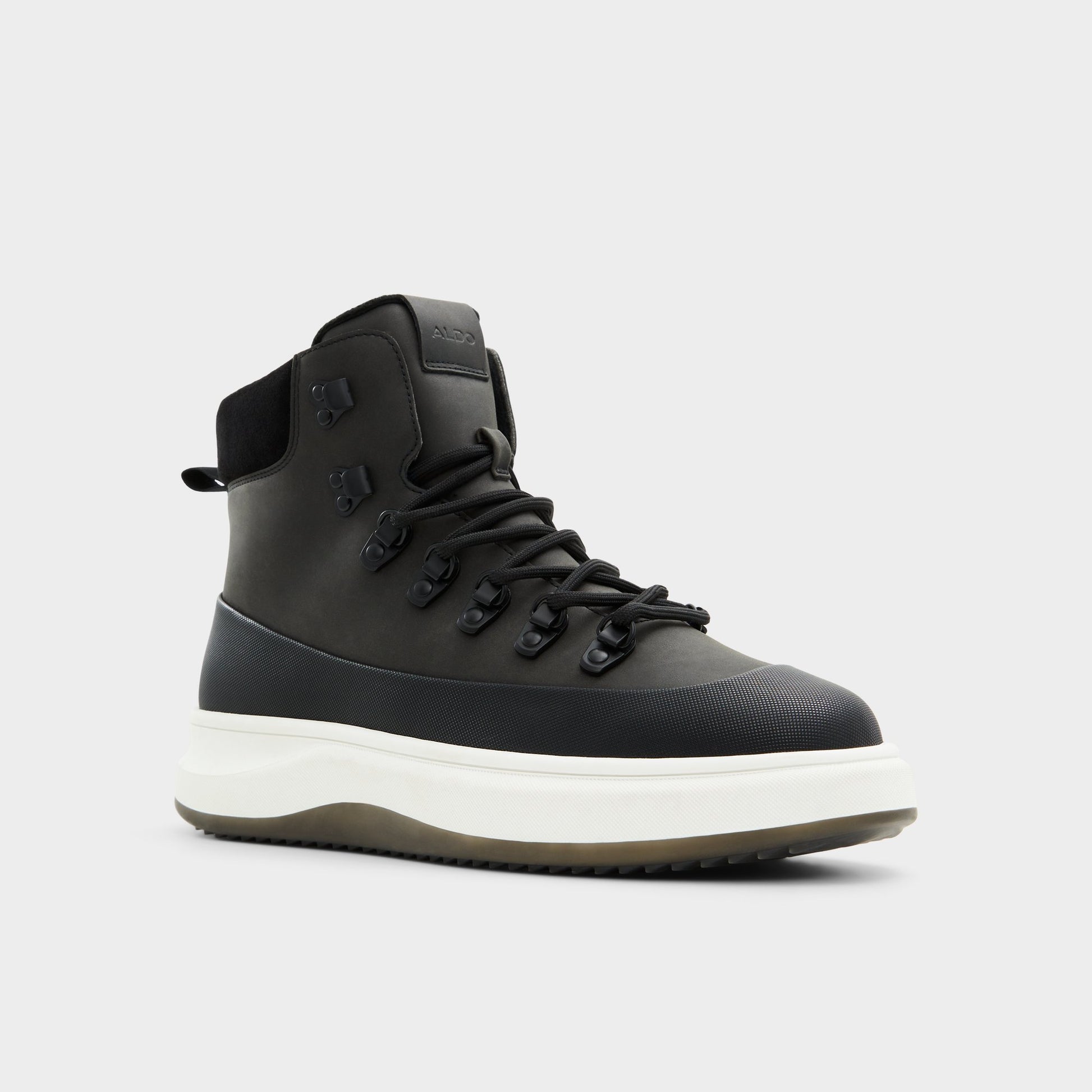 Three-quarter angle of Black Gibson Lace-up boot's front side