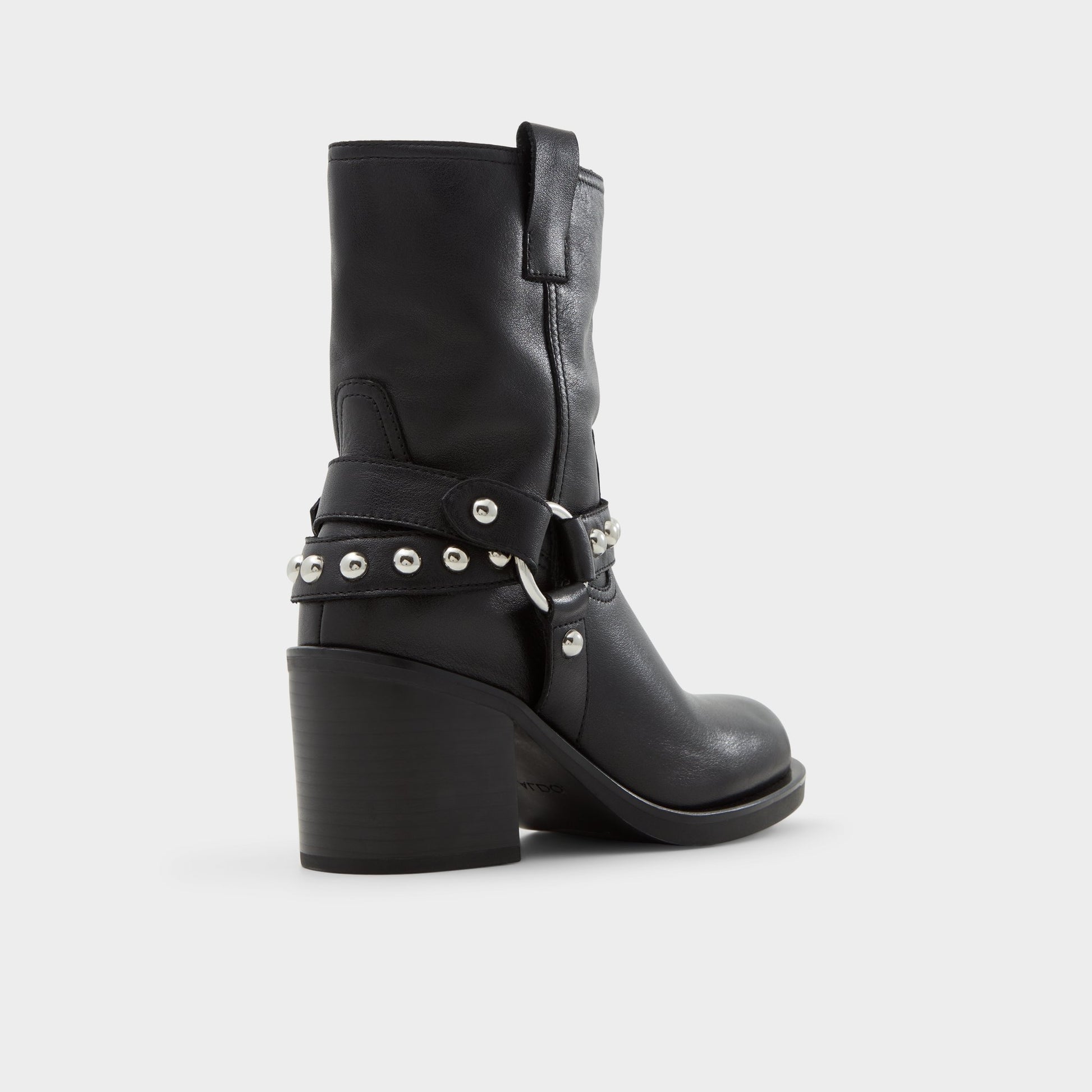 Three-quarter angle of Black Albai Motorcycle ankle boot's back side