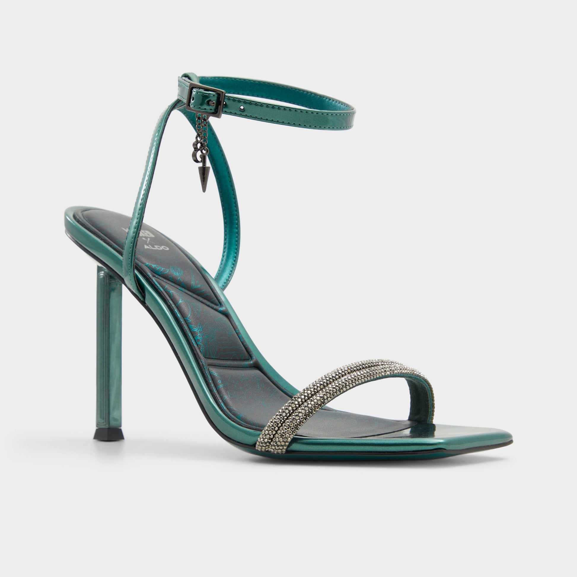 Three-quarter angle of Dark Green Bewitching Strappy heeled sandal's front side