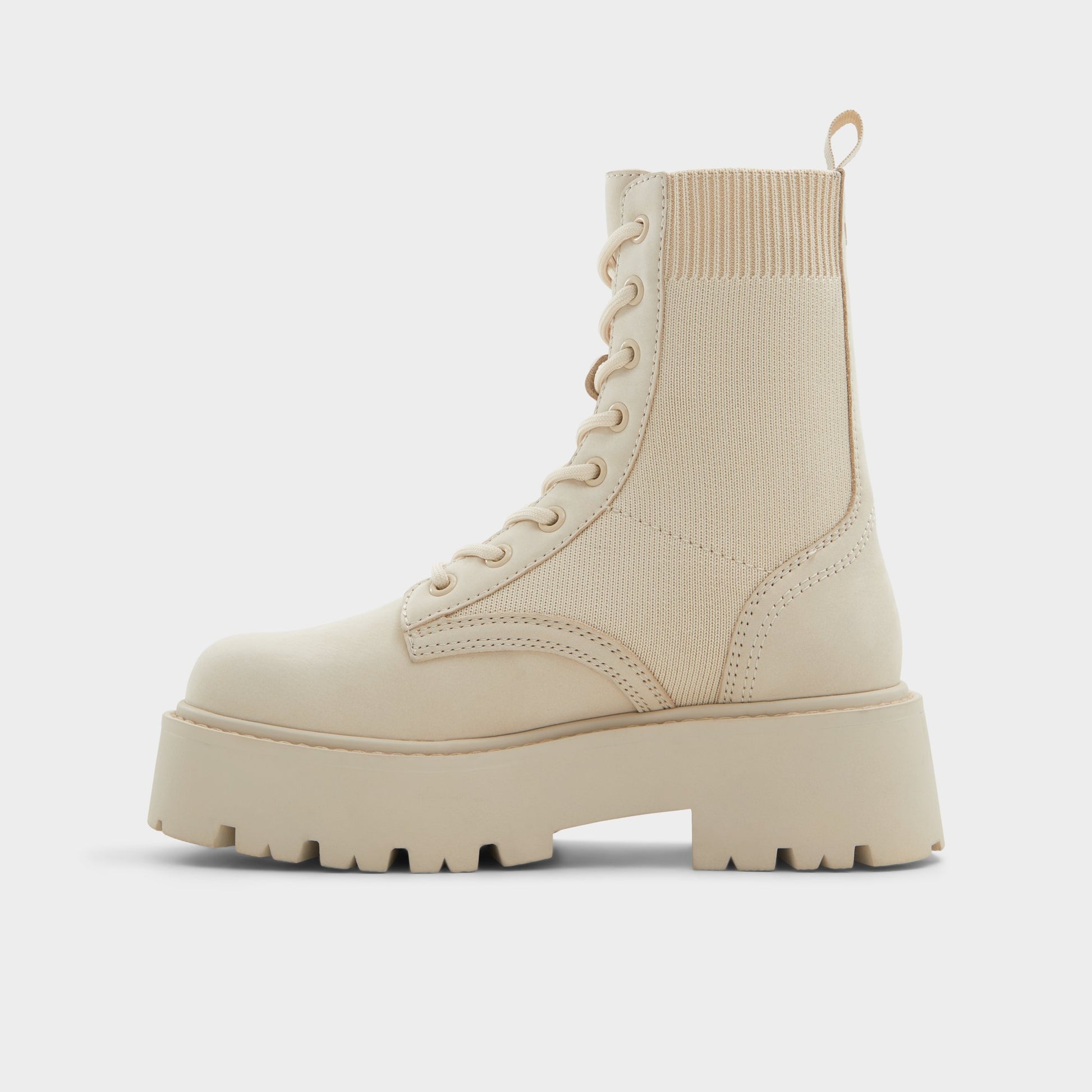 Side view of Beige Talaleryknit Combat ankle boot