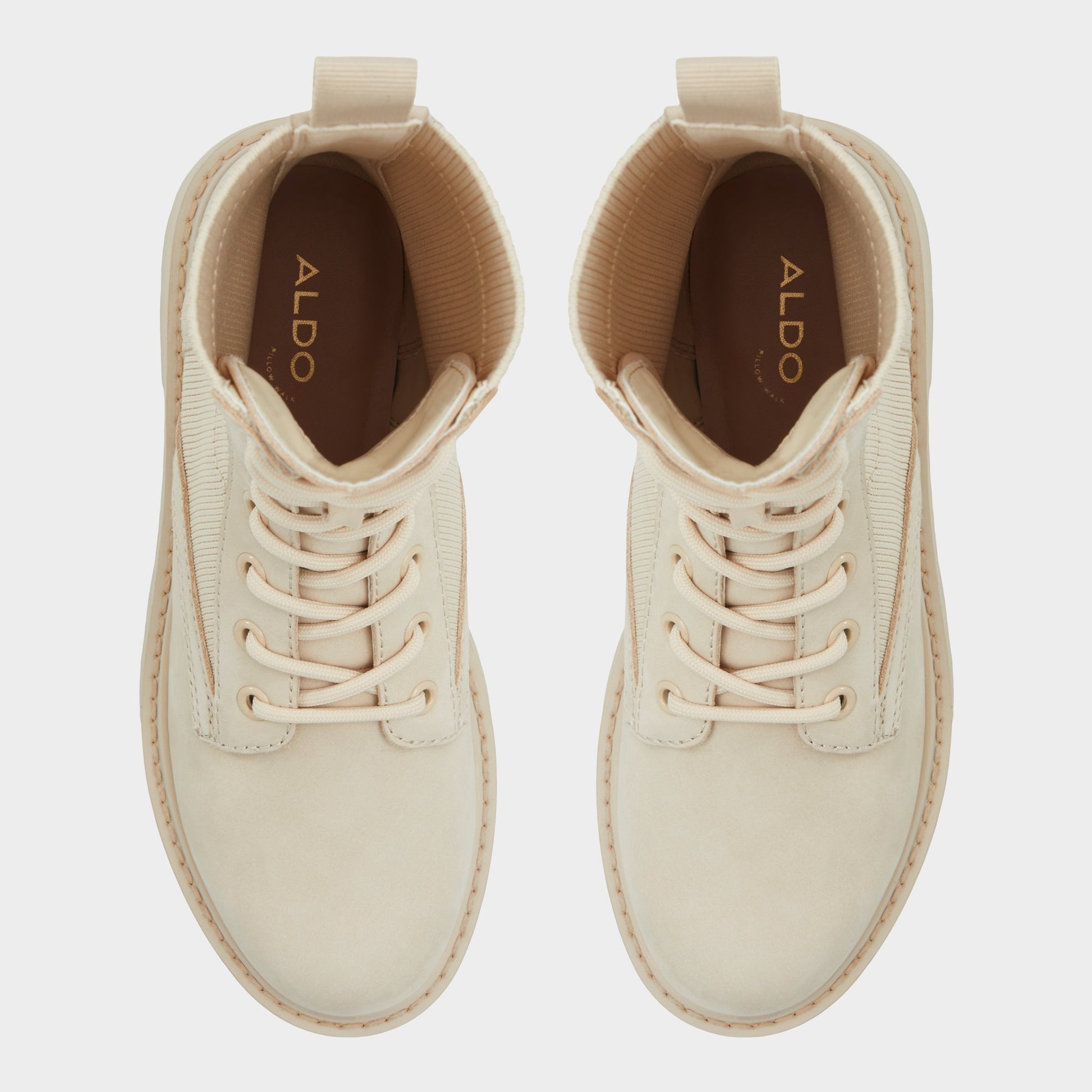 Top-down view of the Beige Talaleryknit Combat ankle boot