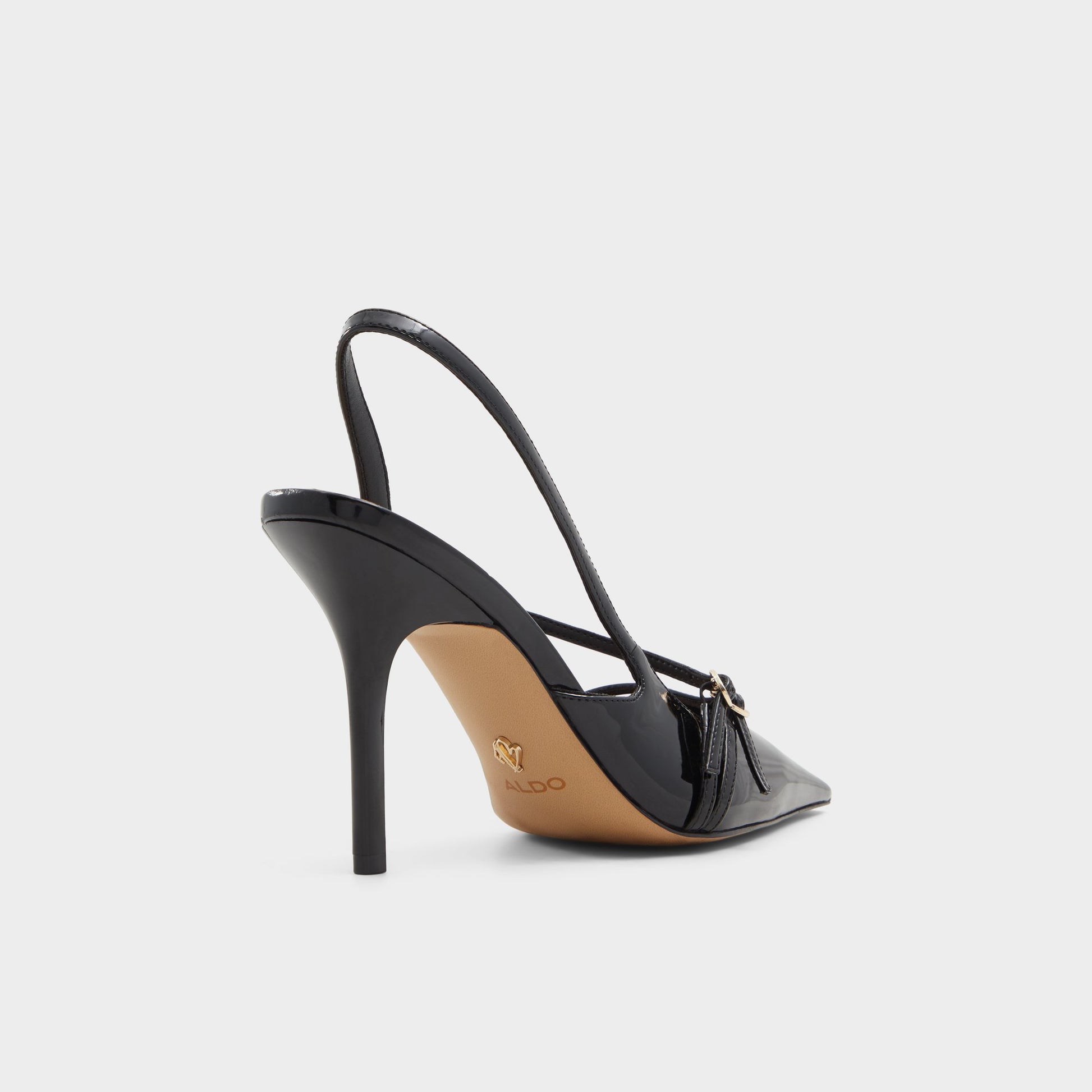 Three-quarter angle of Black Etheria Slingback heel's back side