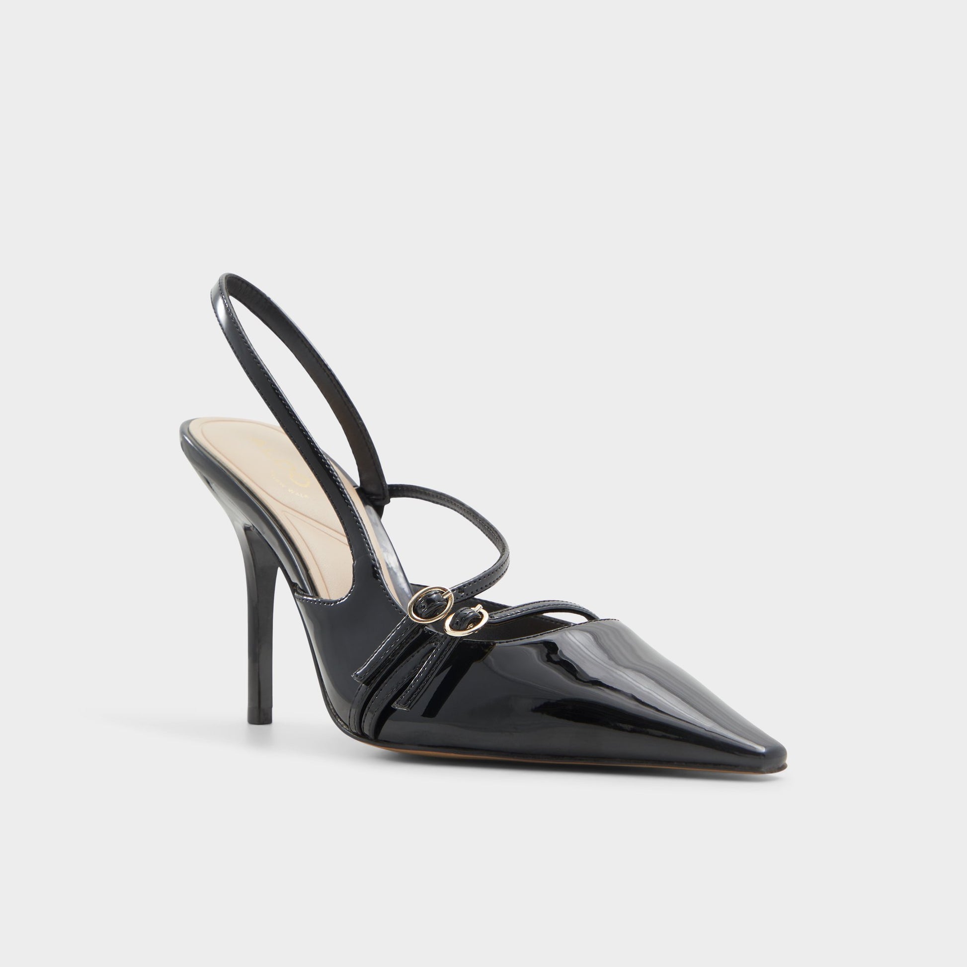 Three-quarter angle of Black Etheria Slingback heel's front side