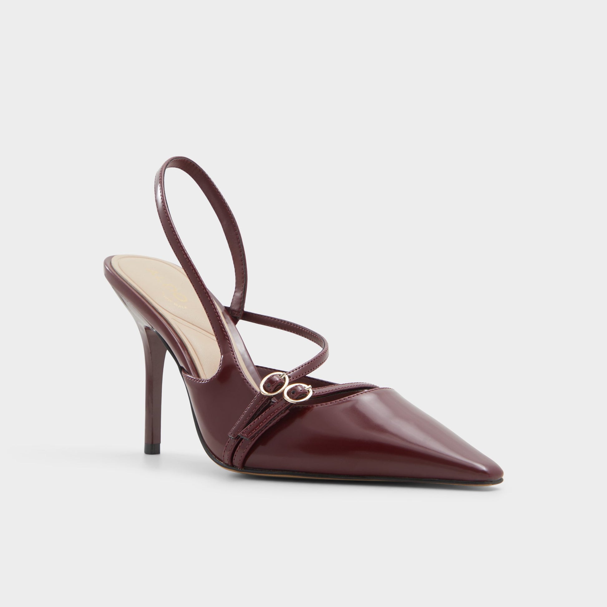 Three-quarter angle of Bordo Etheria Slingback heel's front side