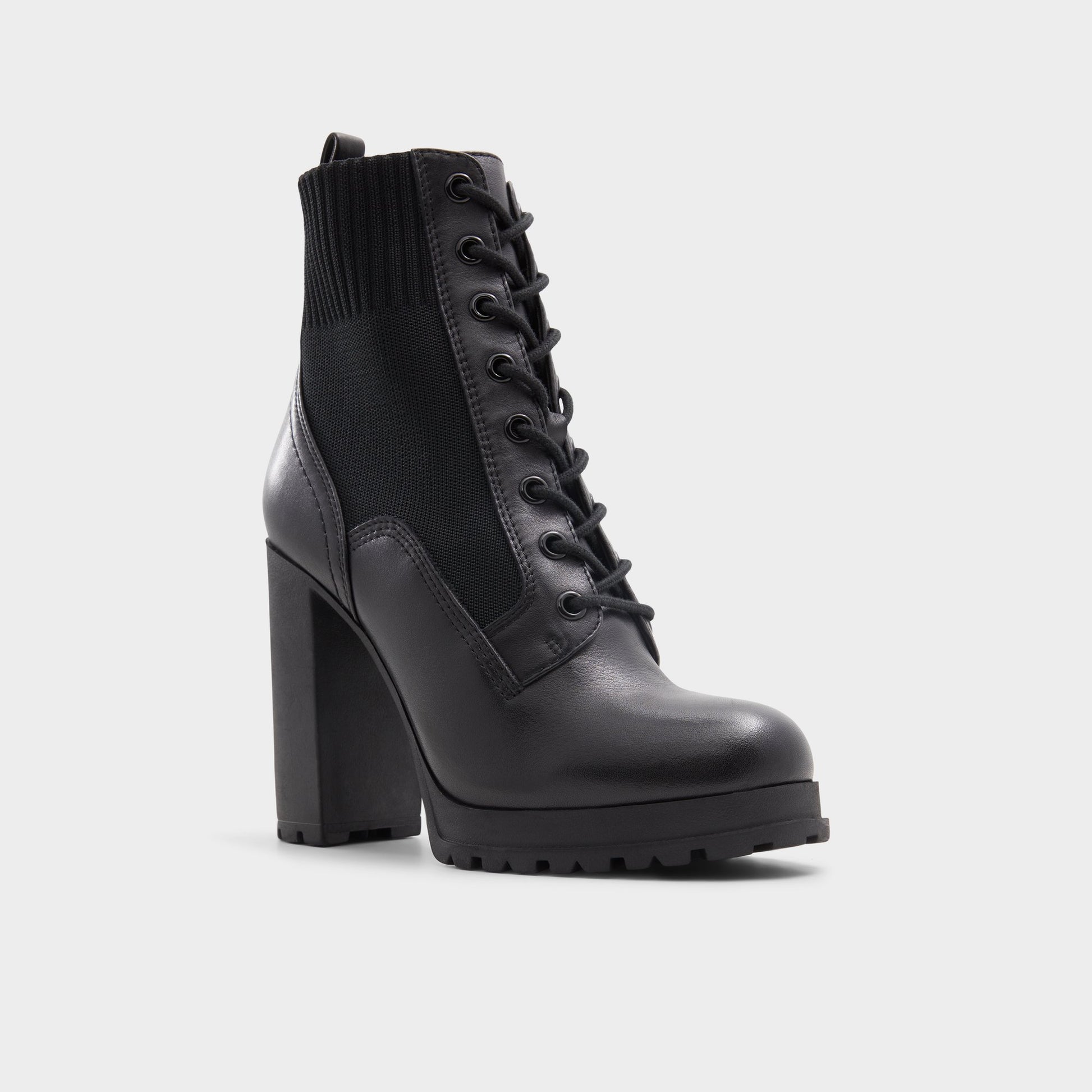 Three-quarter angle of Black Rebellious Combat ankle boot's front side