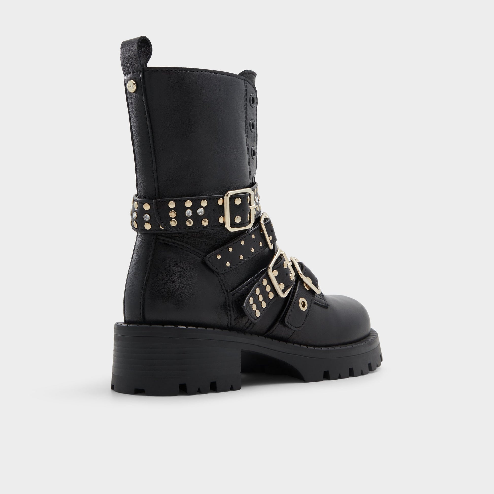 Three-quarter angle of Other Black Vortexia Combat ankle boot's back side