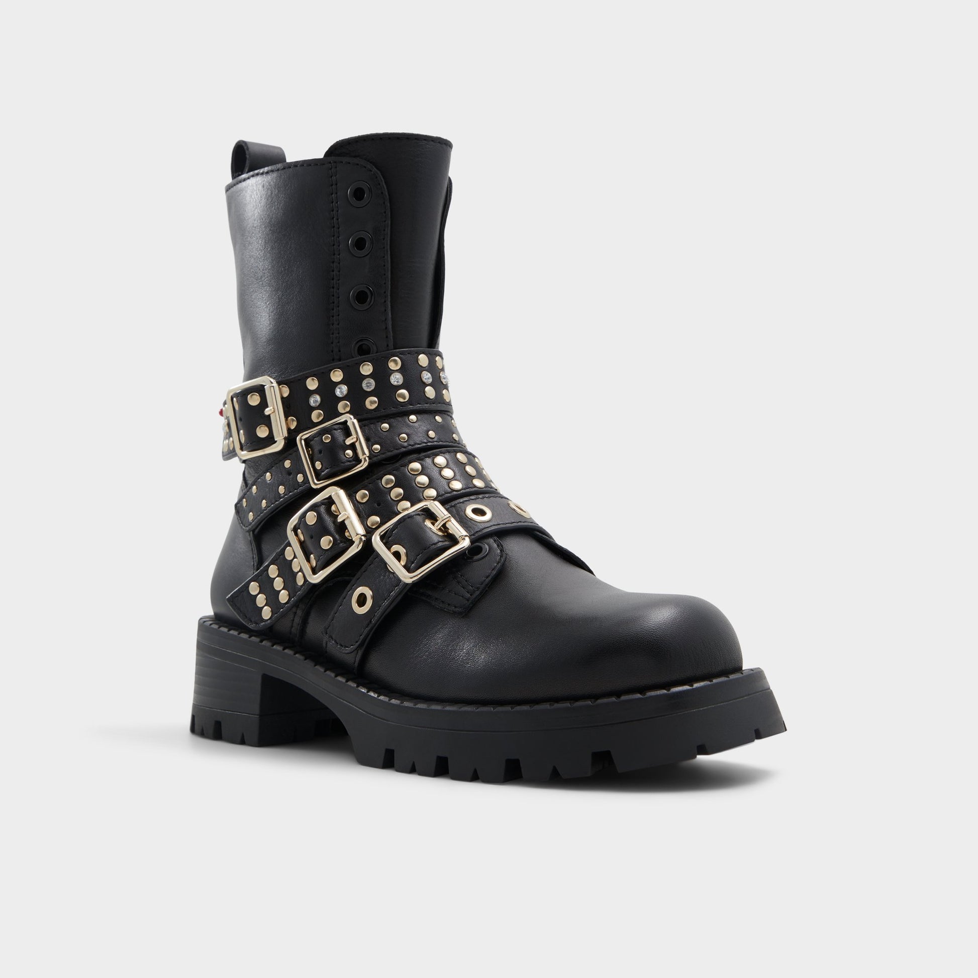 Three-quarter angle of Other Black Vortexia Combat ankle boot's front side