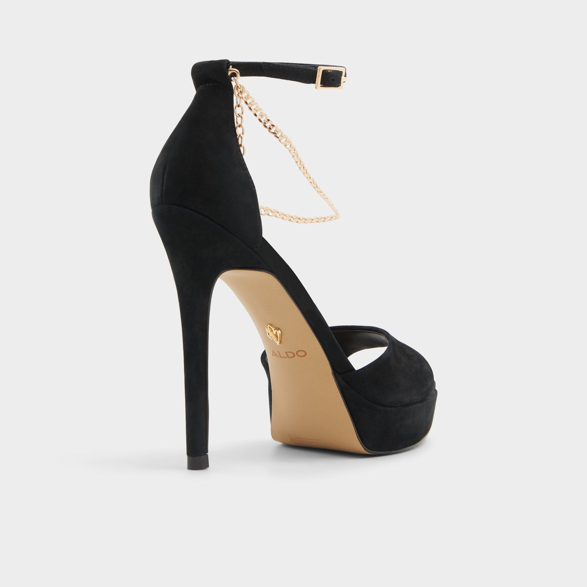 Three-quarter angle of Black Overflow Afumeth Strappy heeled sandal's back side