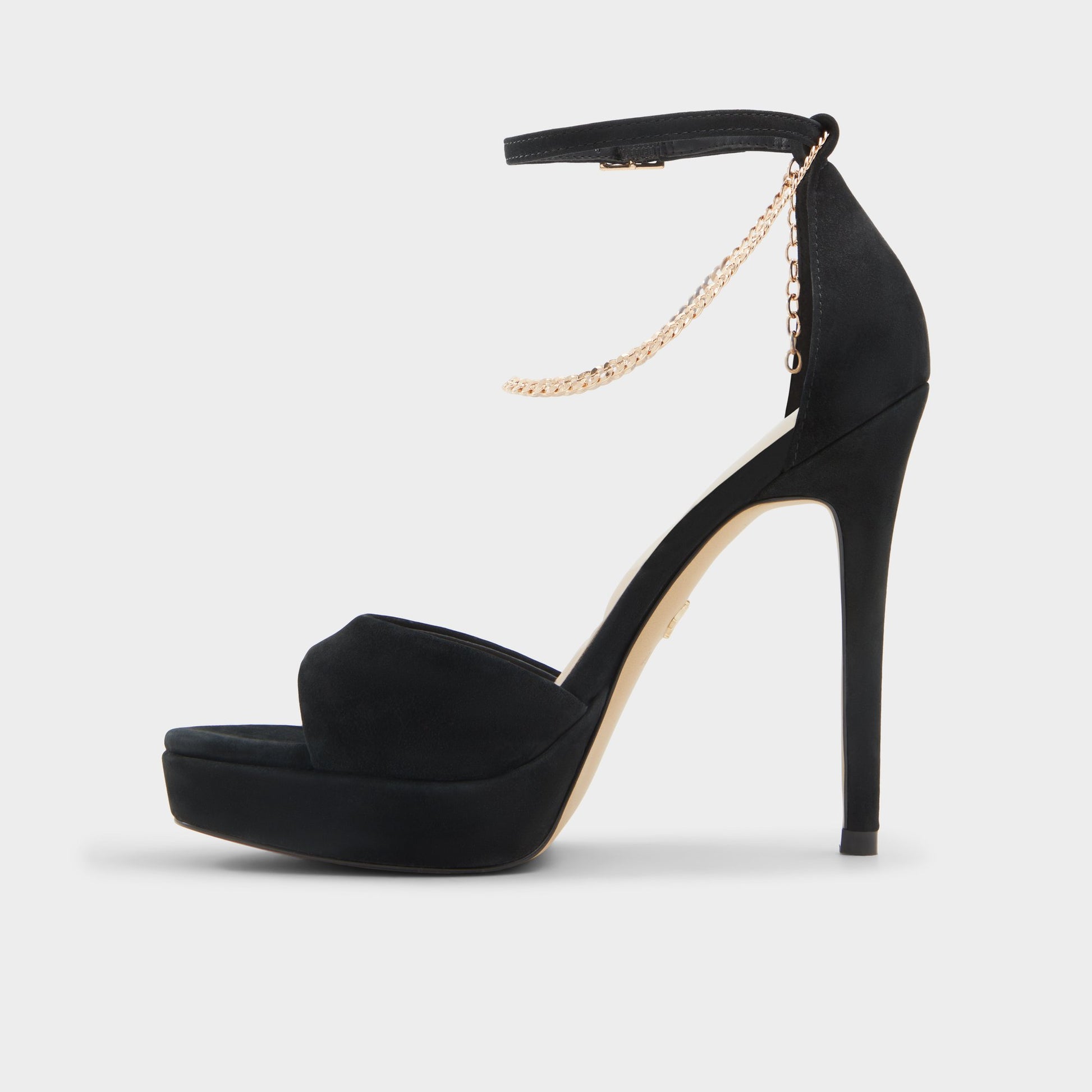 Side view of Black Overflow Afumeth Strappy heeled sandal