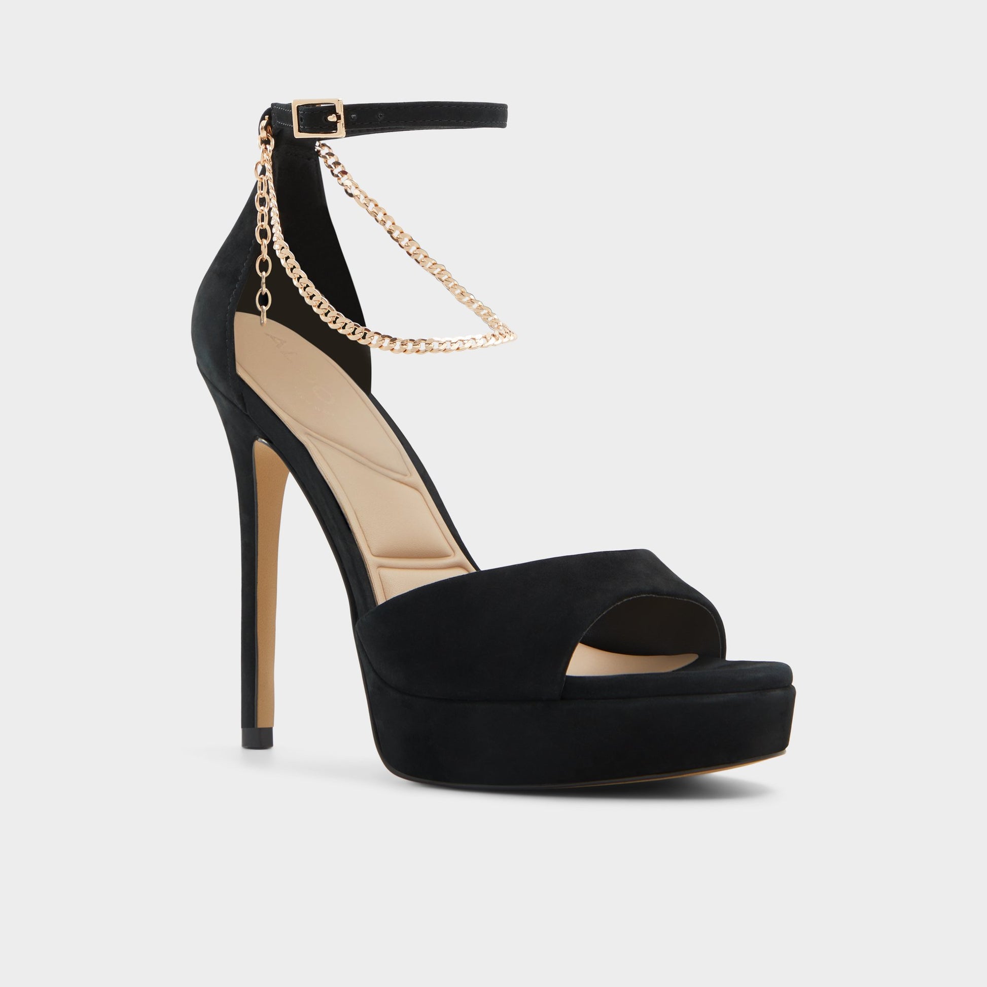 Three-quarter angle of Black Overflow Afumeth Strappy heeled sandal's front side