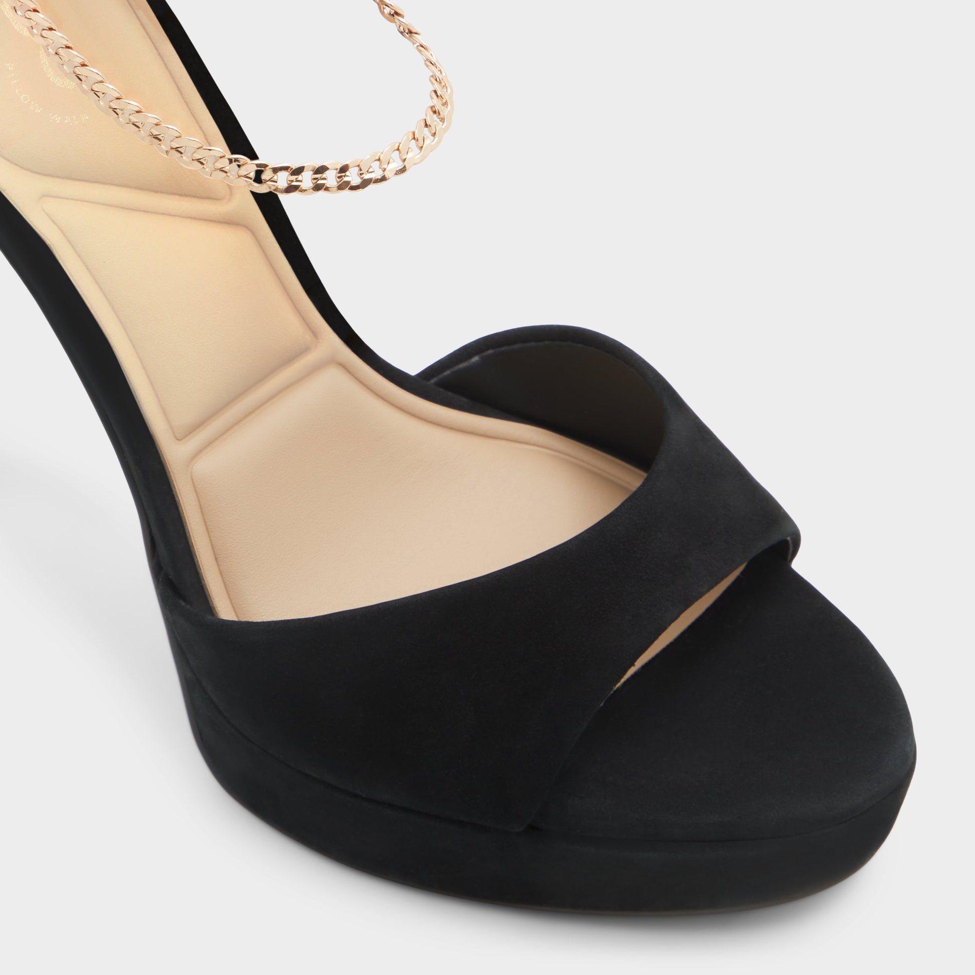 Close-up of the Black Overflow Afumeth Strappy heeled sandal