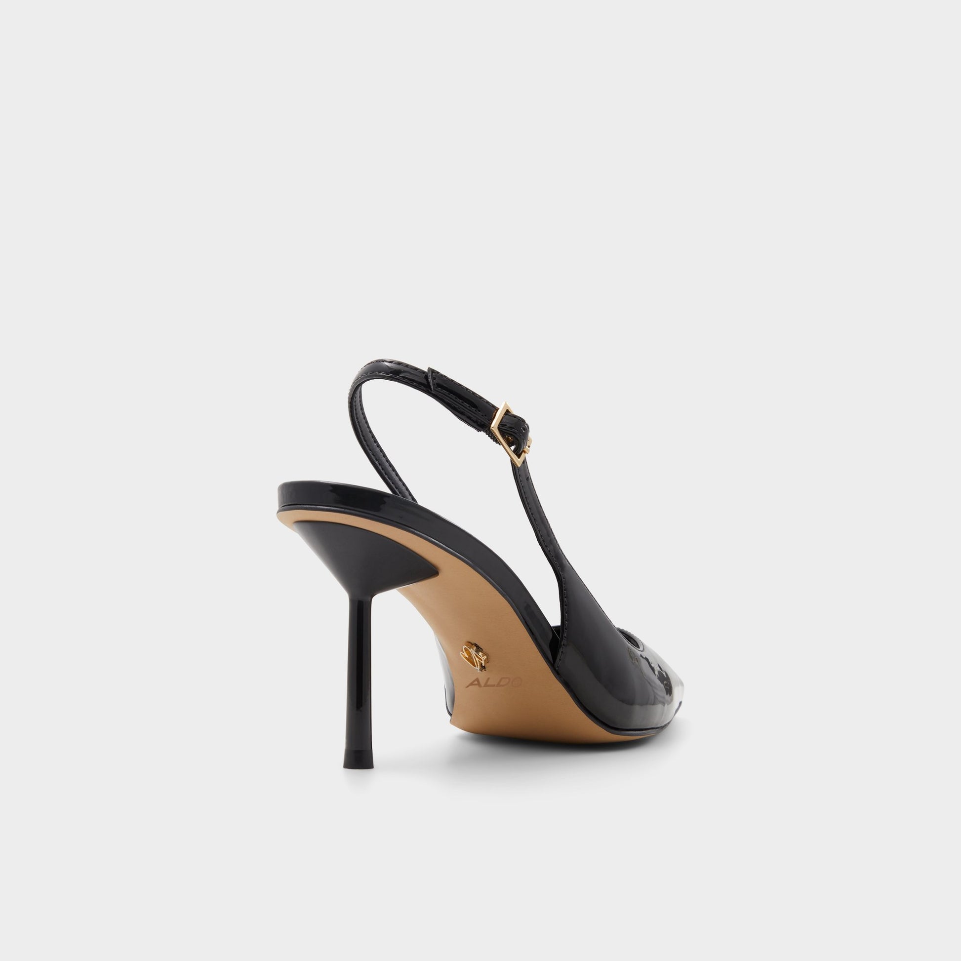Three-quarter angle of Black Seralina Slingback heel's back side