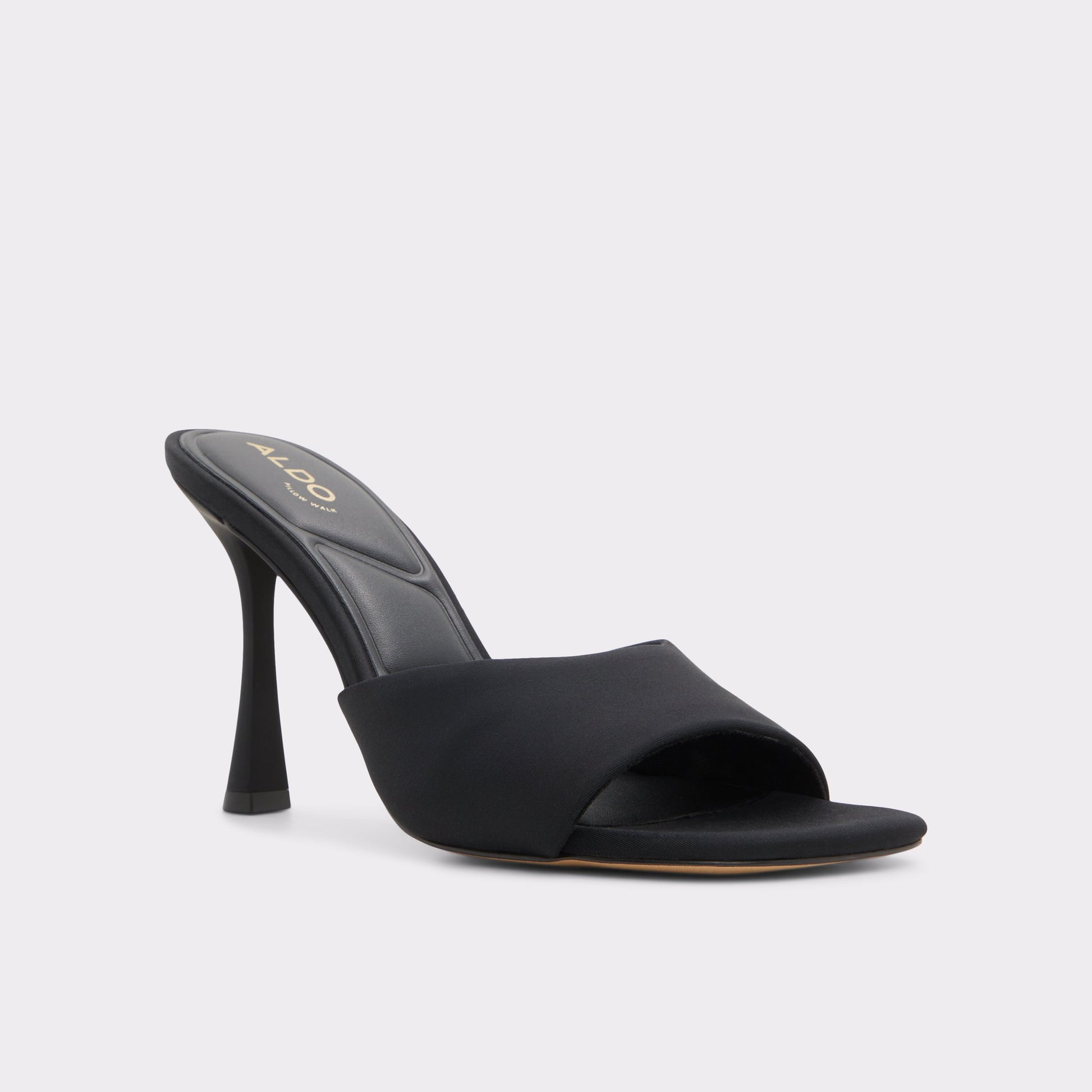 Three-quarter angle of Black Evadalia Heeled mule's front side