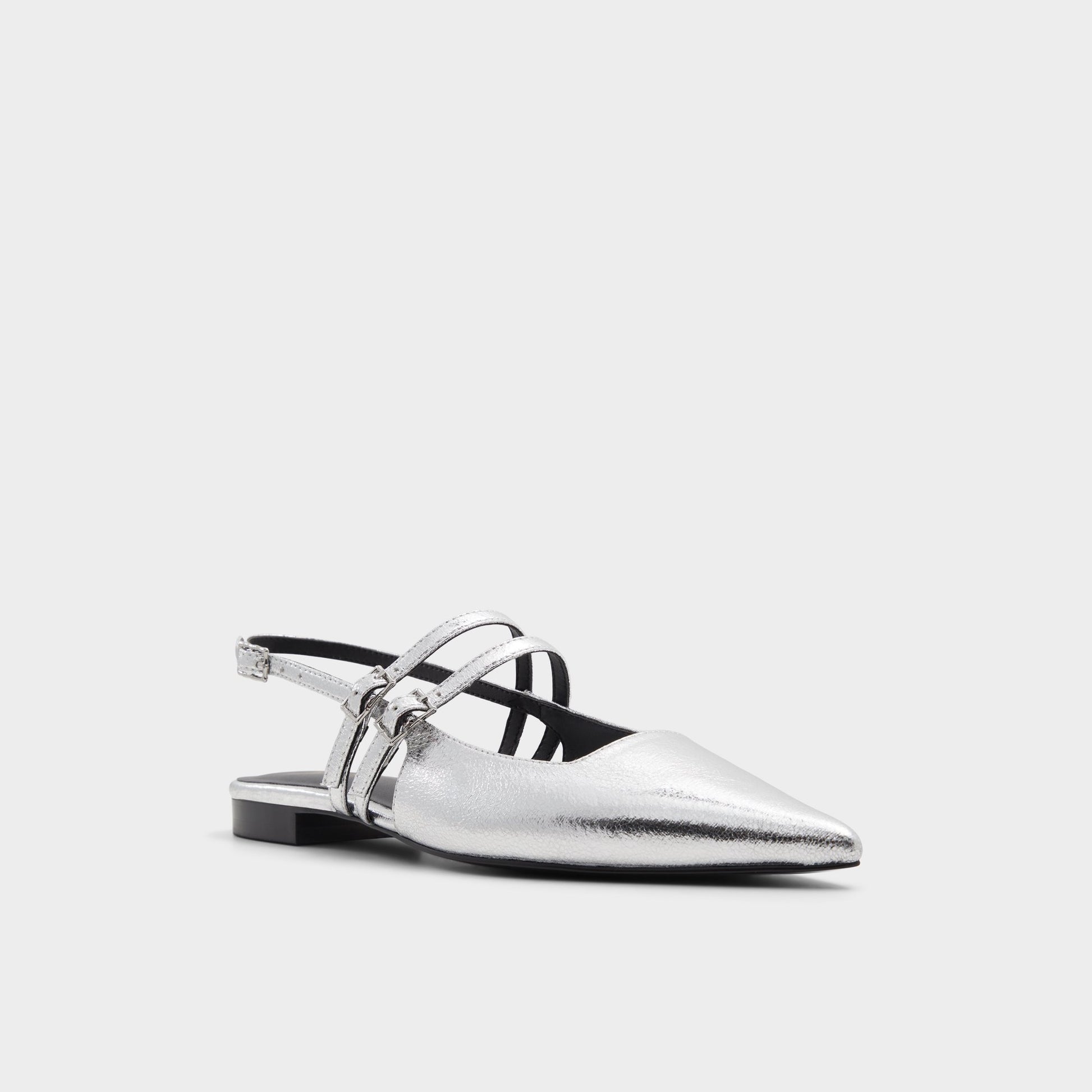 Three-quarter angle of Silver Tossa Slingback ballet flat's front side