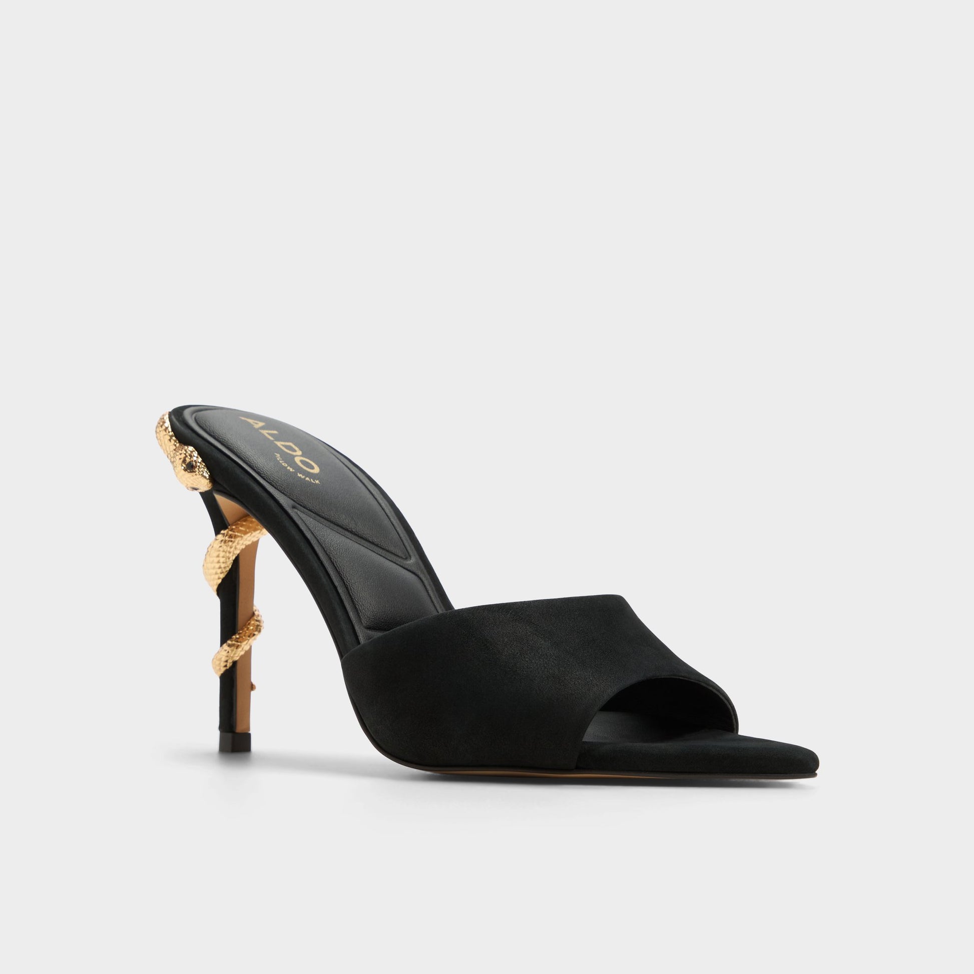 Three-quarter angle of Other Black Seashella Heeled mule's front side