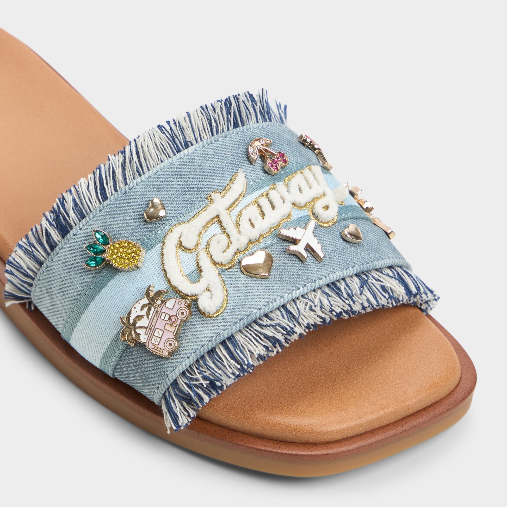 Close-up of the Denim Beachside Slide sandal