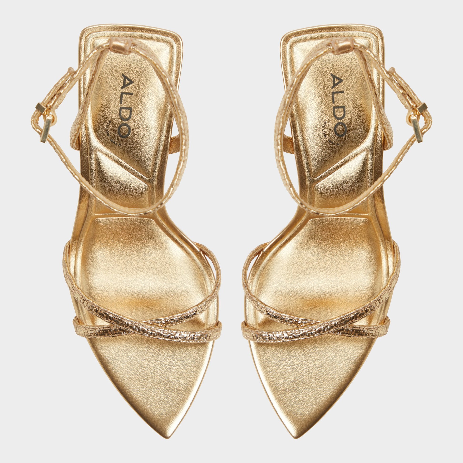 Top-down view of the Gold Adrina Strappy heeled sandal