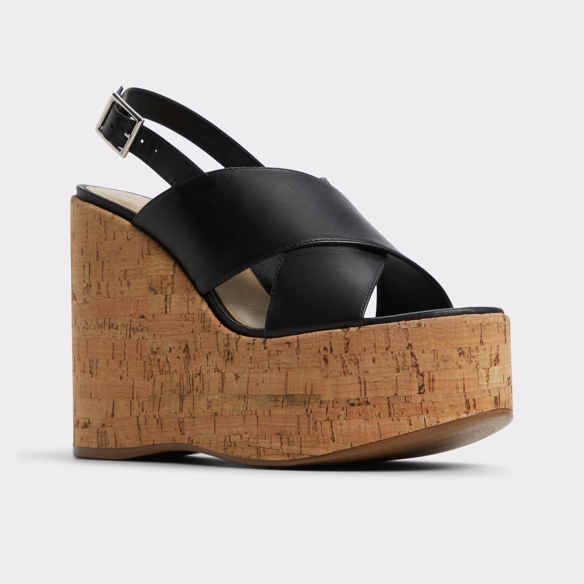 Three-quarter angle of Black Sandcastle Strappy wedge sandal's front side