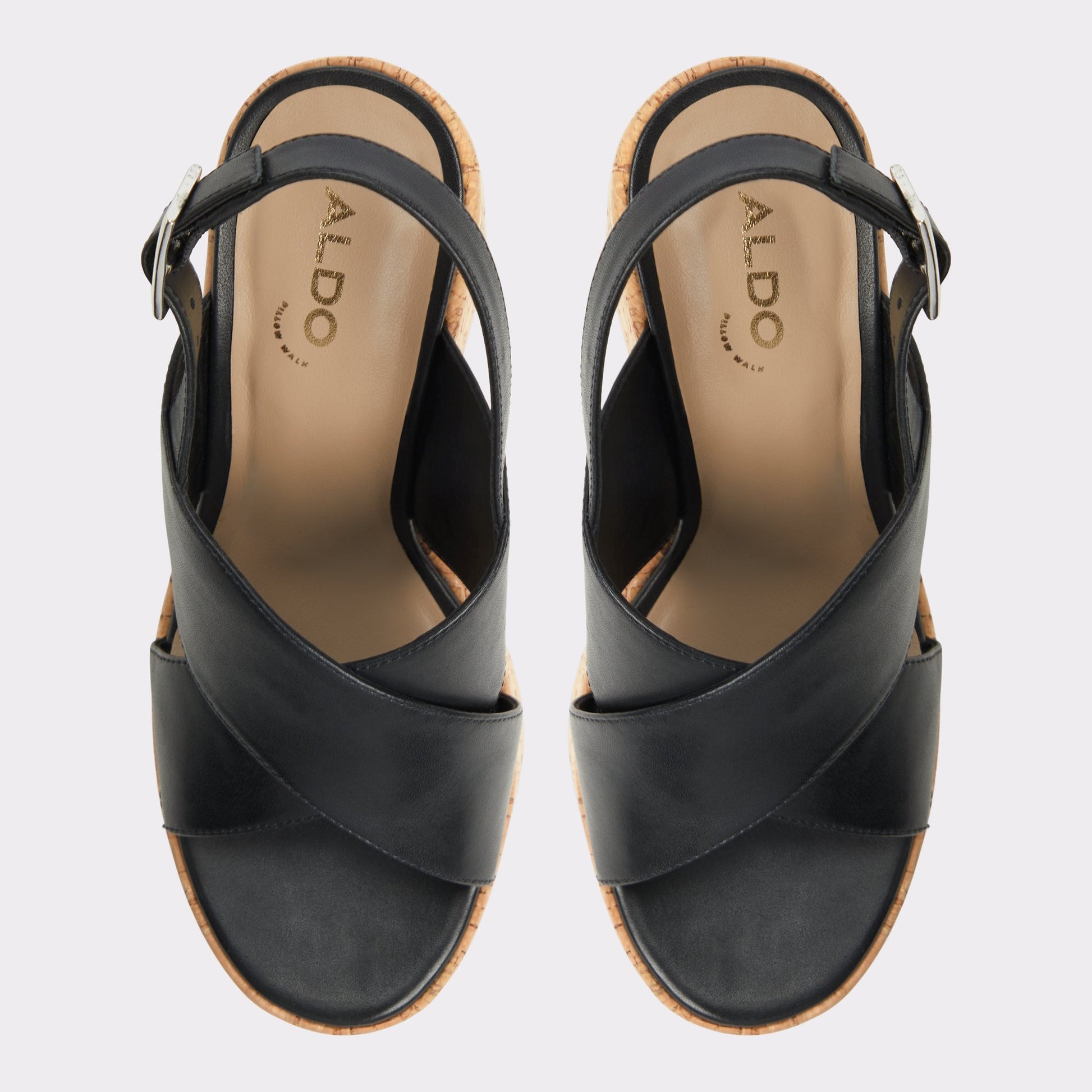 Top-down view of the Black Sandcastle Strappy wedge sandal