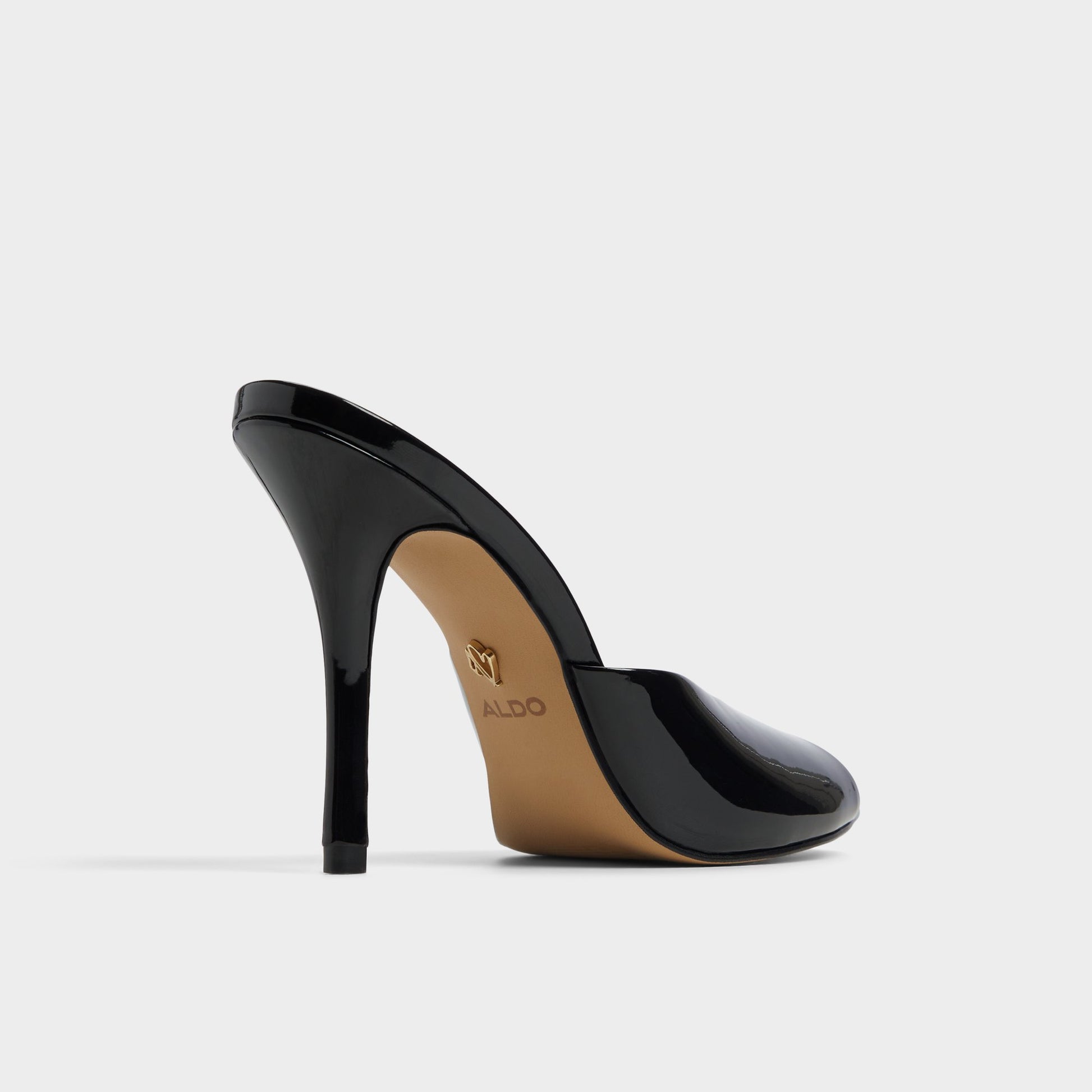 Three-quarter angle of Black Fidelia Heeled mule's back side