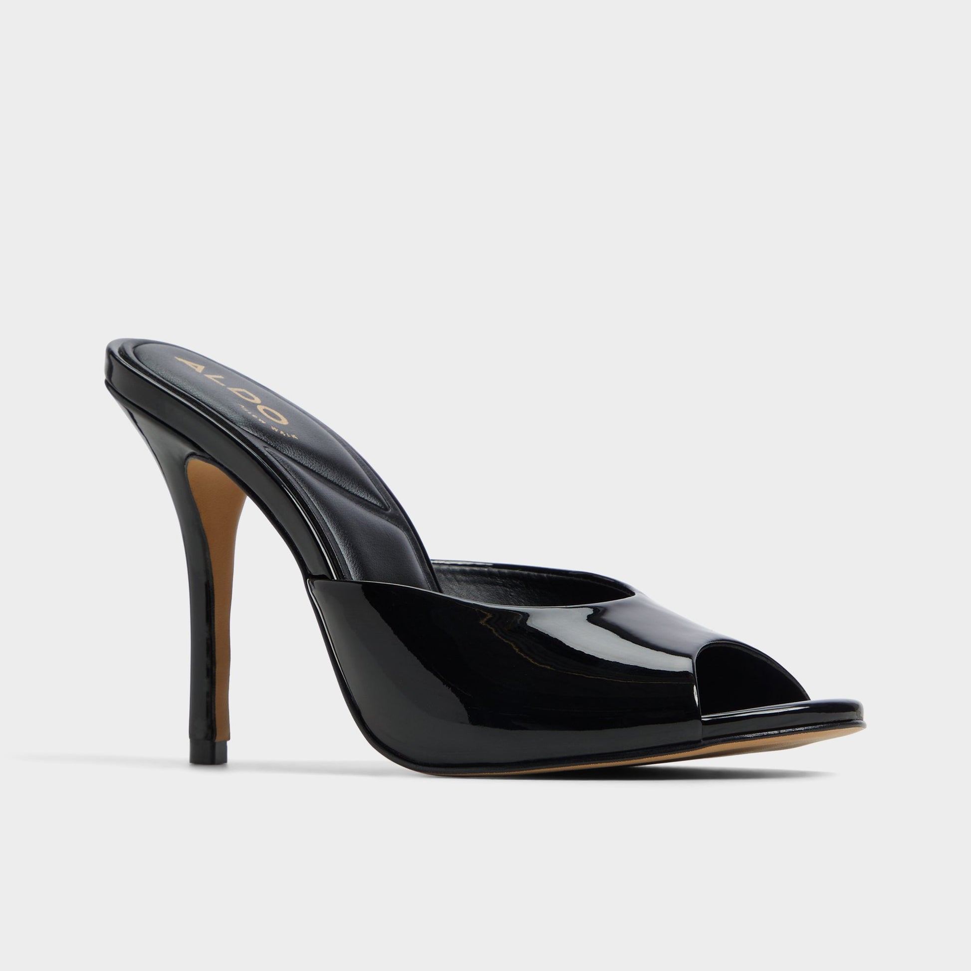 Three-quarter angle of Black Fidelia Heeled mule's front side