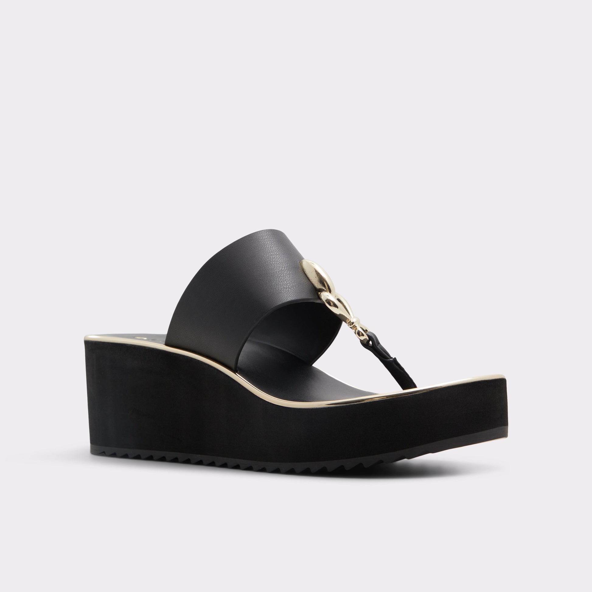 Three-quarter angle of Black Penelopy T-strap sandal's front side