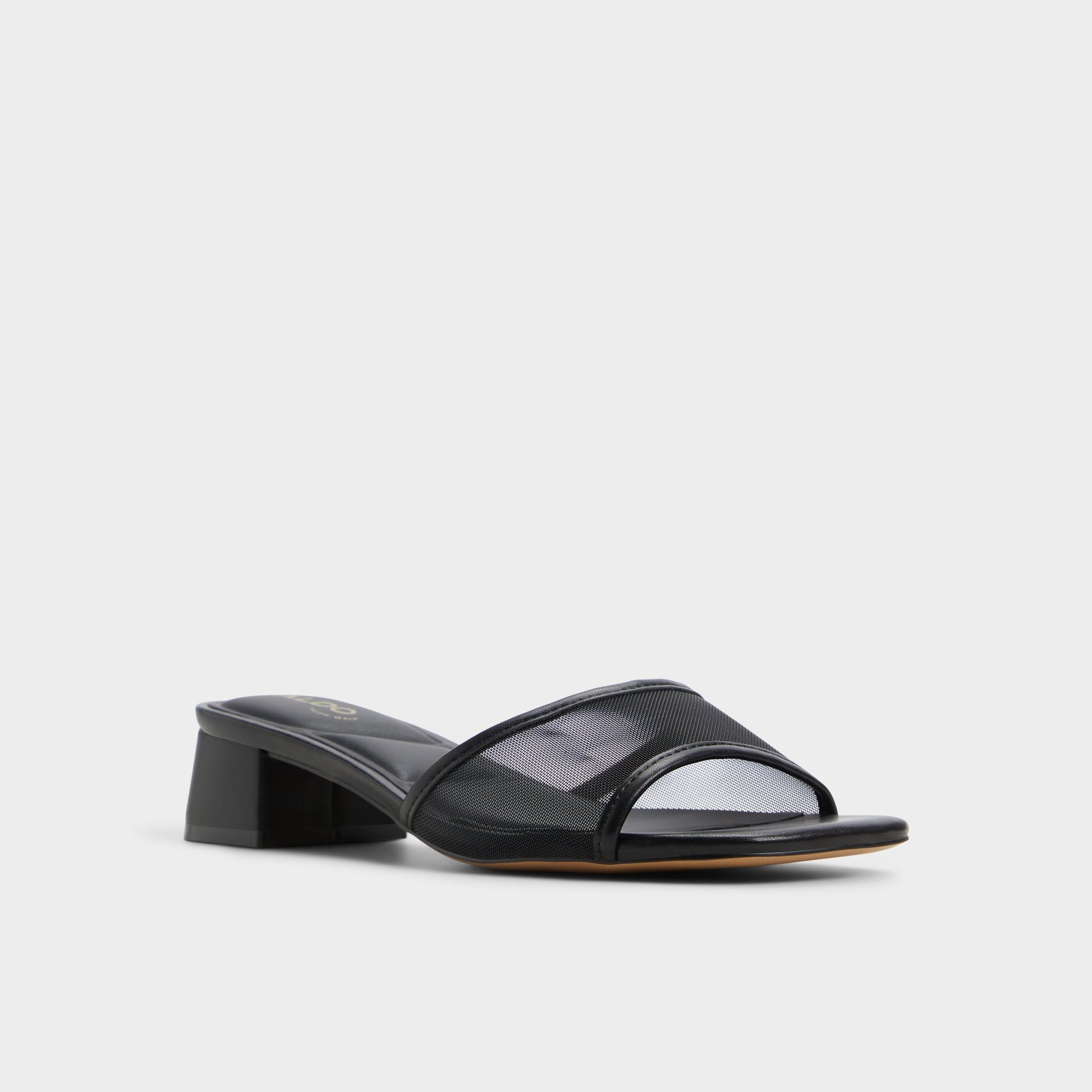 Three-quarter angle of Black Rosamund Heeled mule's front side