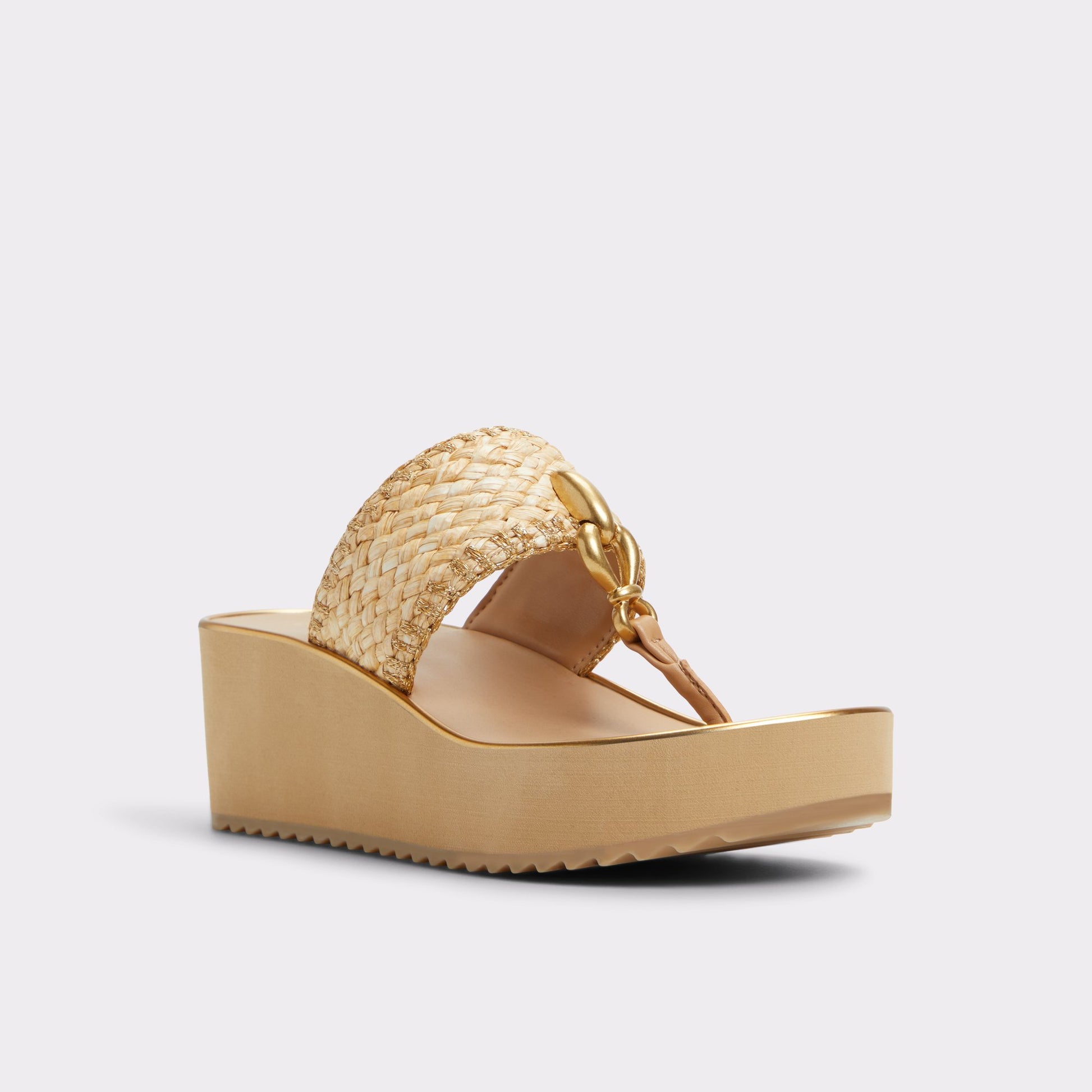 Three-quarter angle of Natural Penelopy Wedge sandal's front side