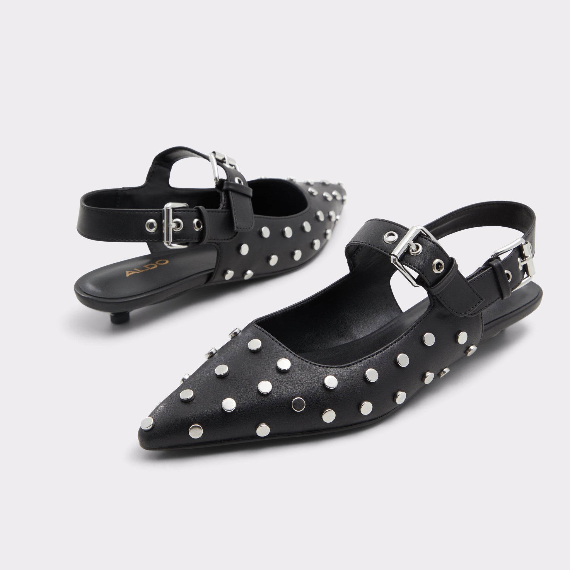 Highlighted view of a pair of Black Kellya Sling back high heels