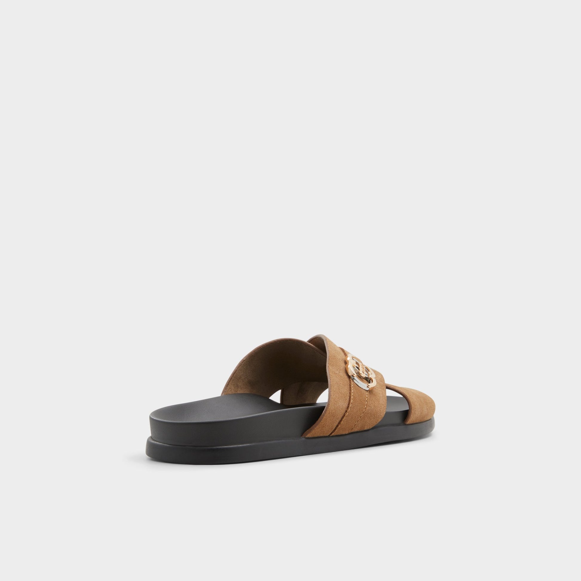 Three-quarter angle of Open Brown Delmar Slide sandal's back side