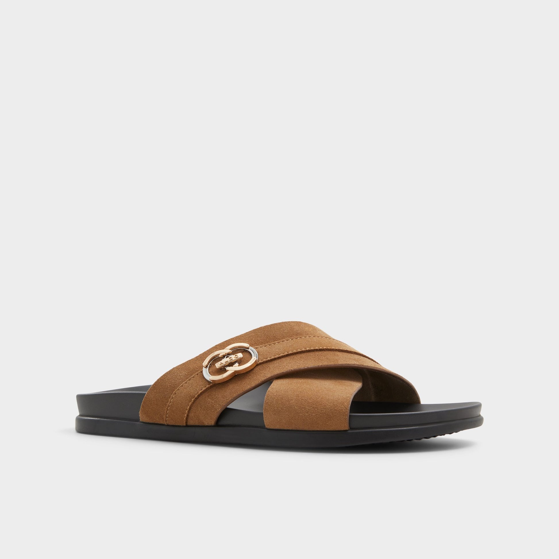Three-quarter angle of Open Brown Delmar Slide sandal's front side