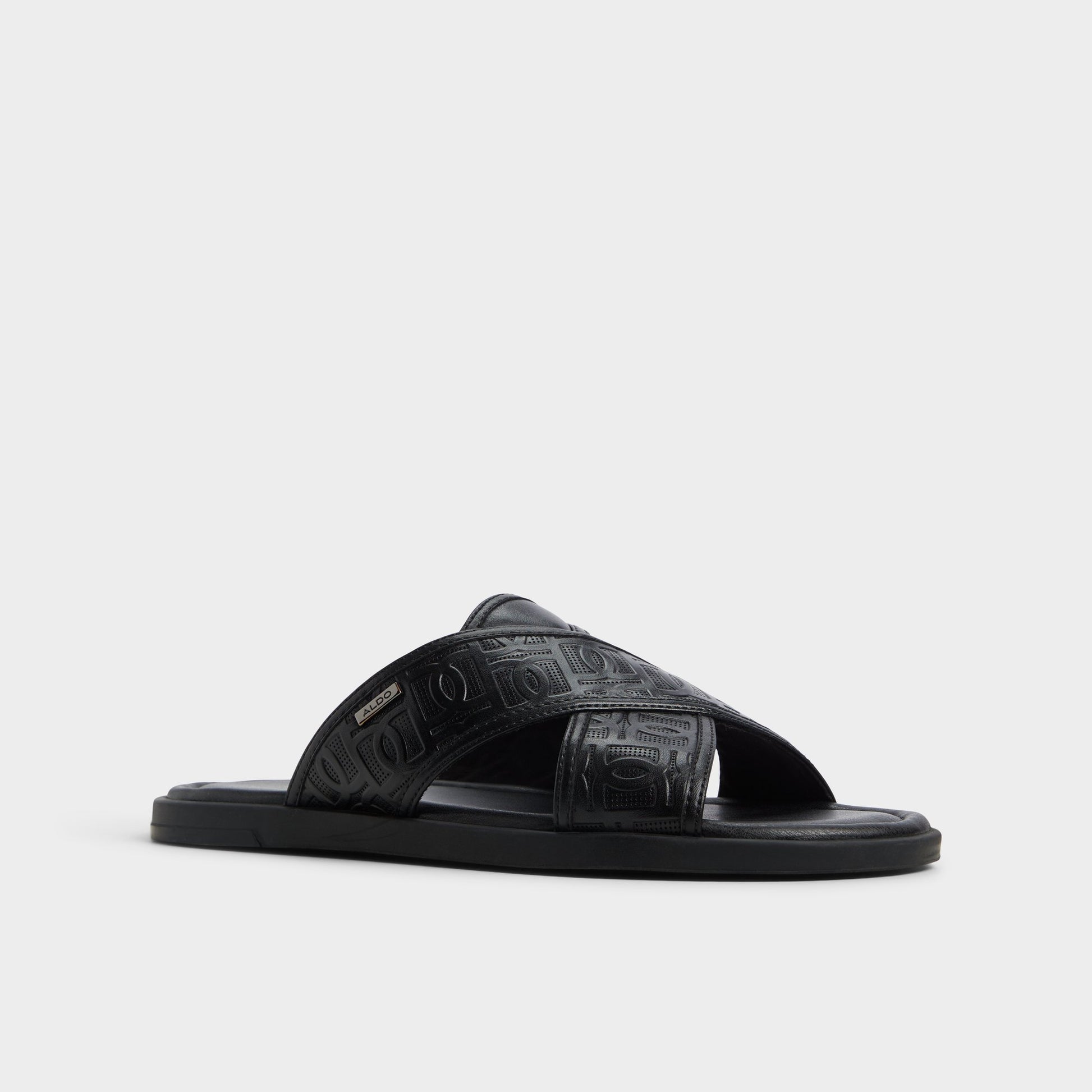 Three-quarter angle of Open Black Olino Slide sandal's front side