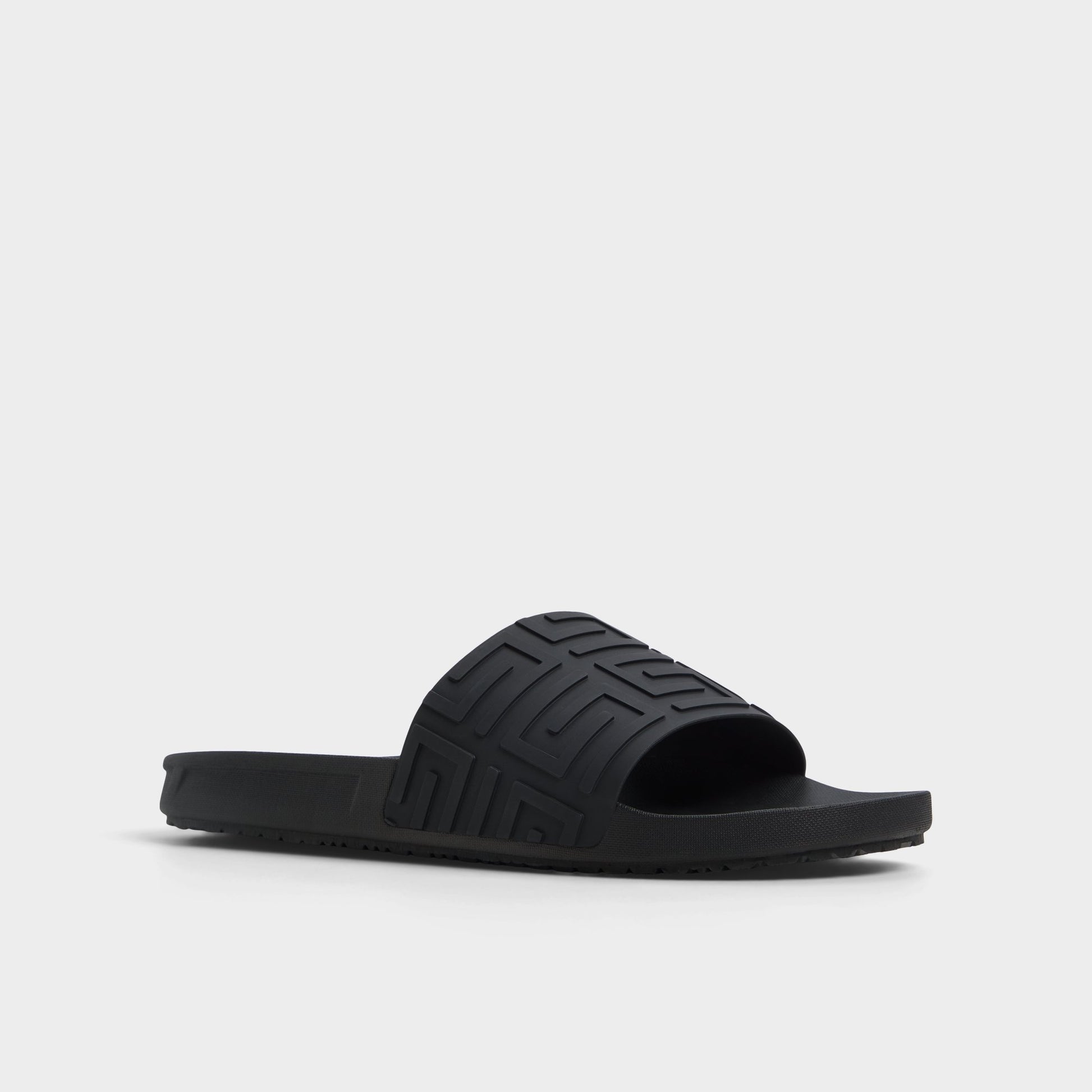 Three-quarter angle of Black Atrani Slide sandal's front side