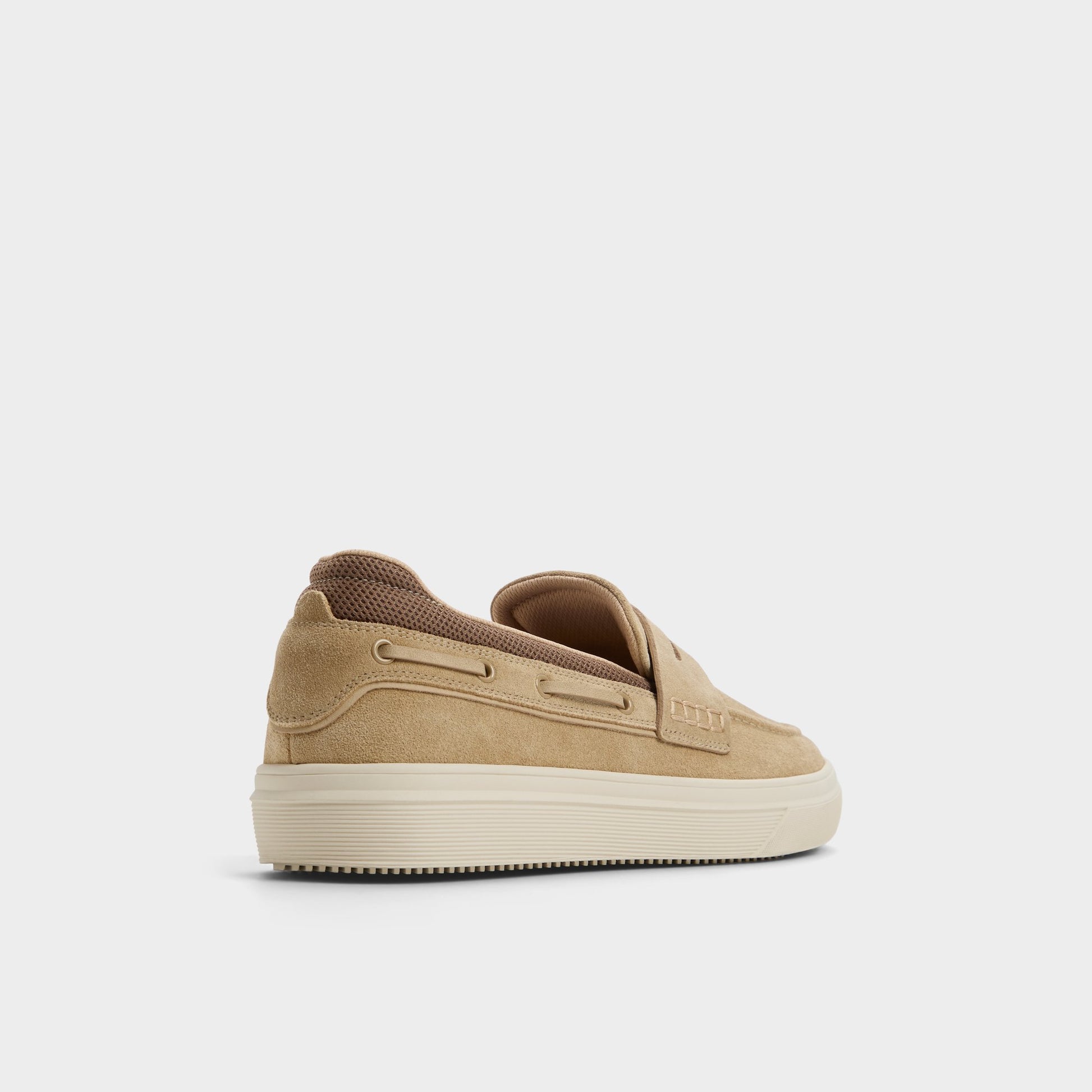 Three-quarter angle of Taupe Seafarer Boat shoe's back side