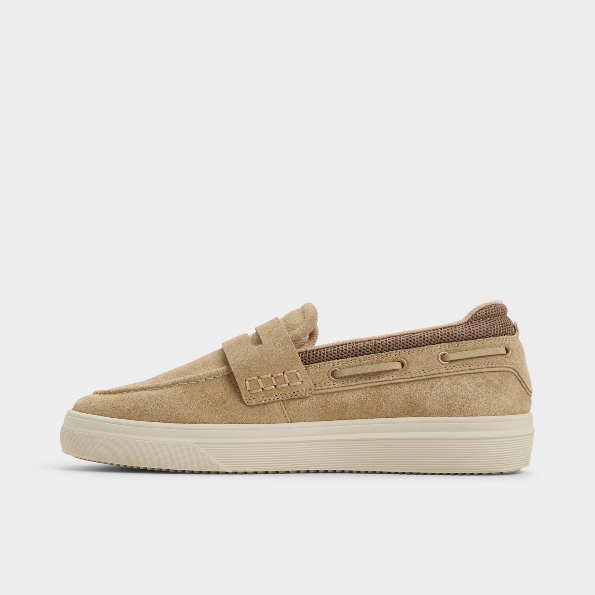 Side view of Taupe Seafarer Boat shoe