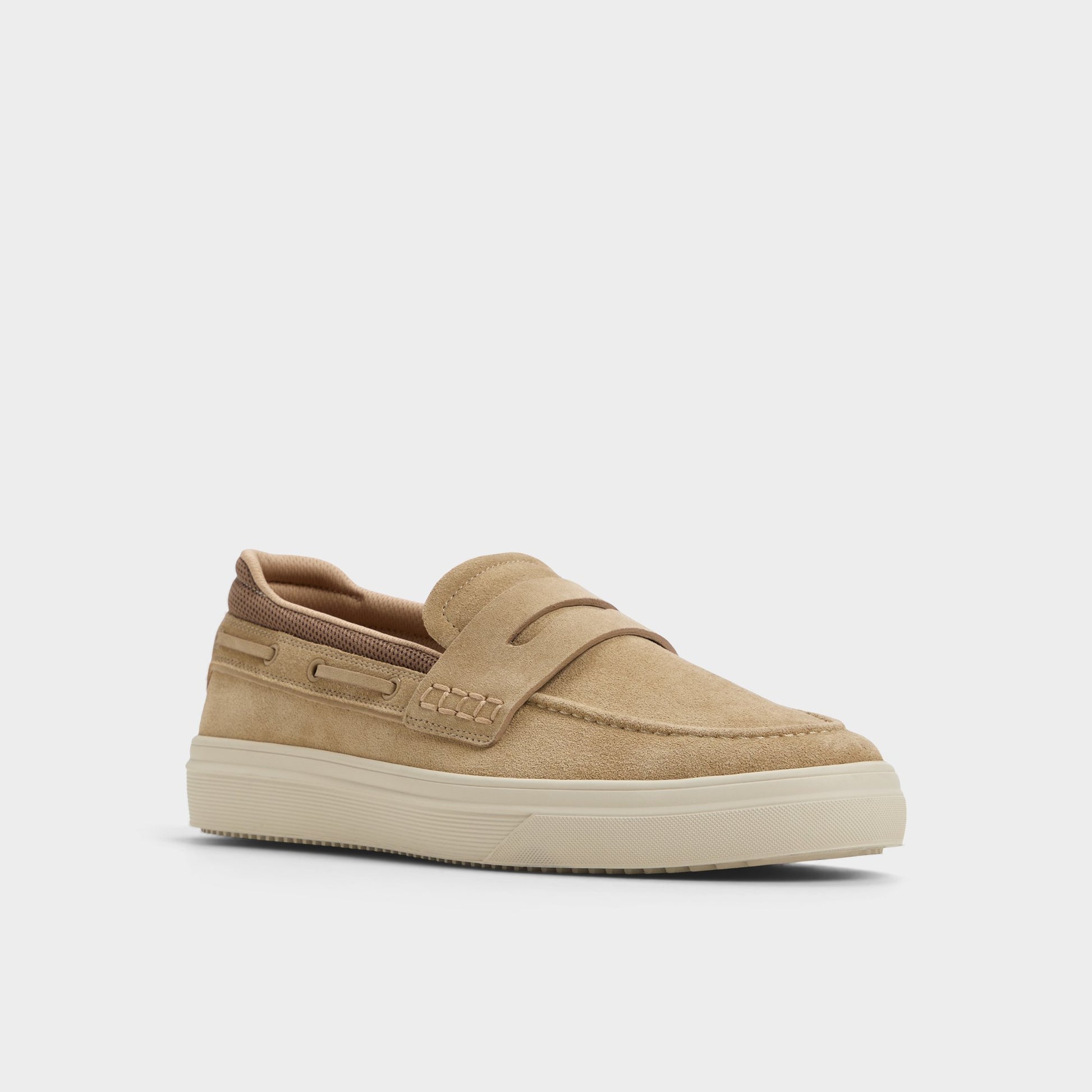 Three-quarter angle of Taupe Seafarer Boat shoe's front side