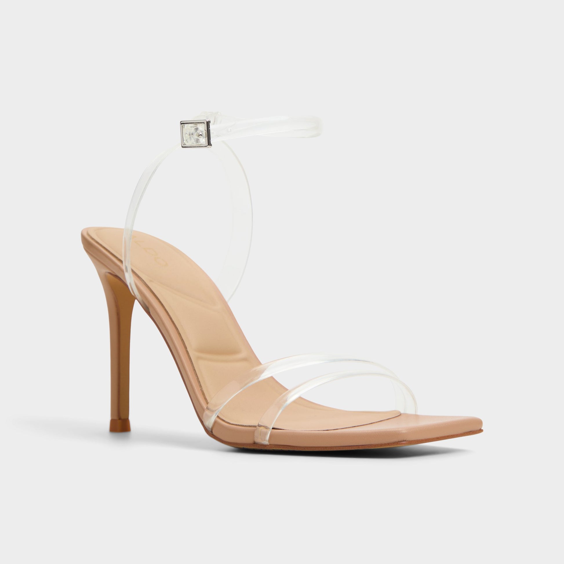 Three-quarter angle of Tan Acantha Strappy heeled sandal's front side