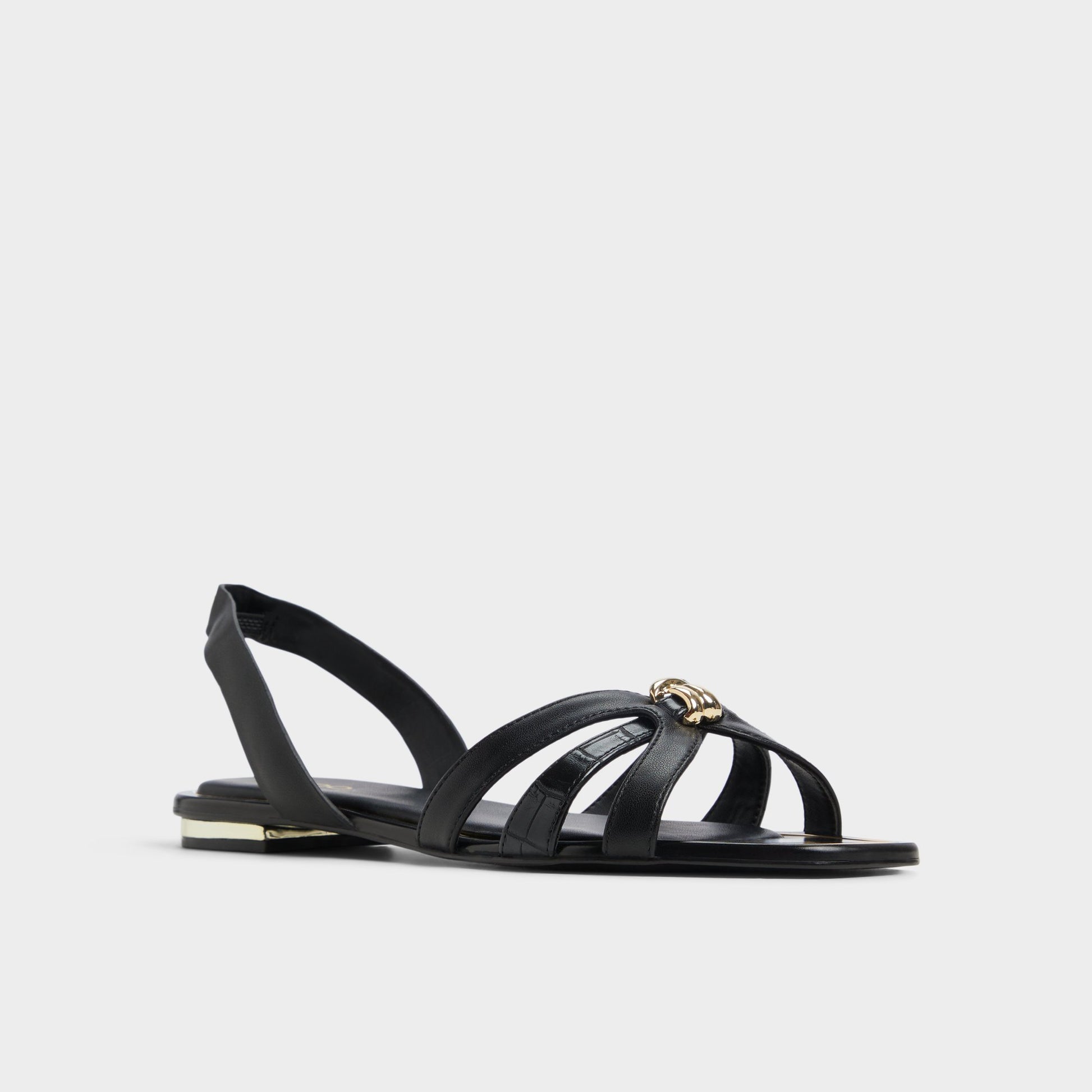 Three-quarter angle of Black Marassita Flat sandal's front side