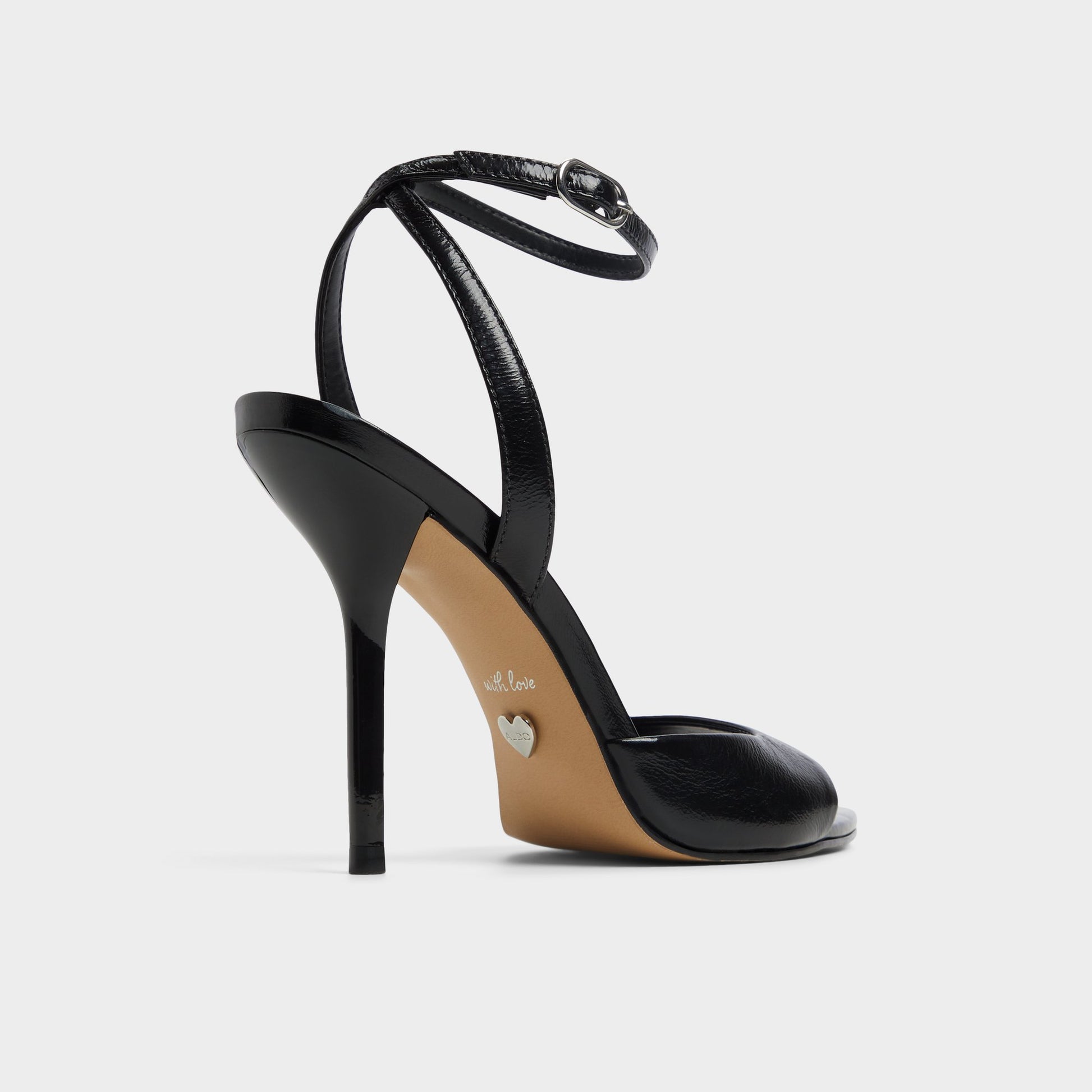 Three-quarter angle of Black Forevermore Strappy heeled sandal's back side