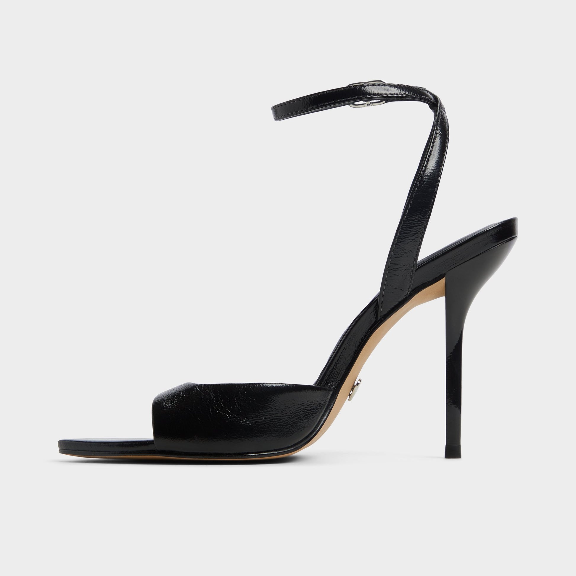 Side view of Black Forevermore Strappy heeled sandal