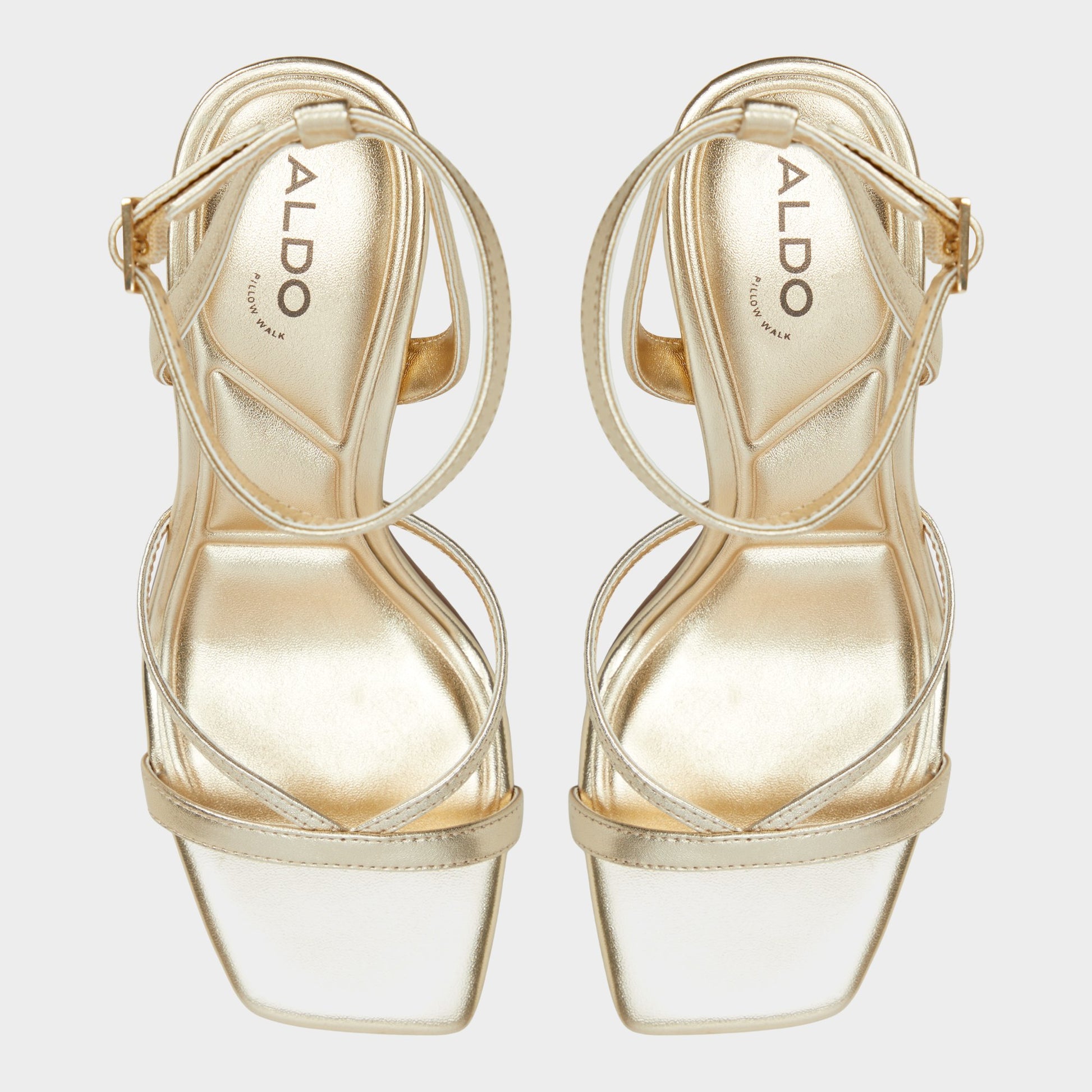 Top-down view of the Gold Stellare Strappy heeled sandal