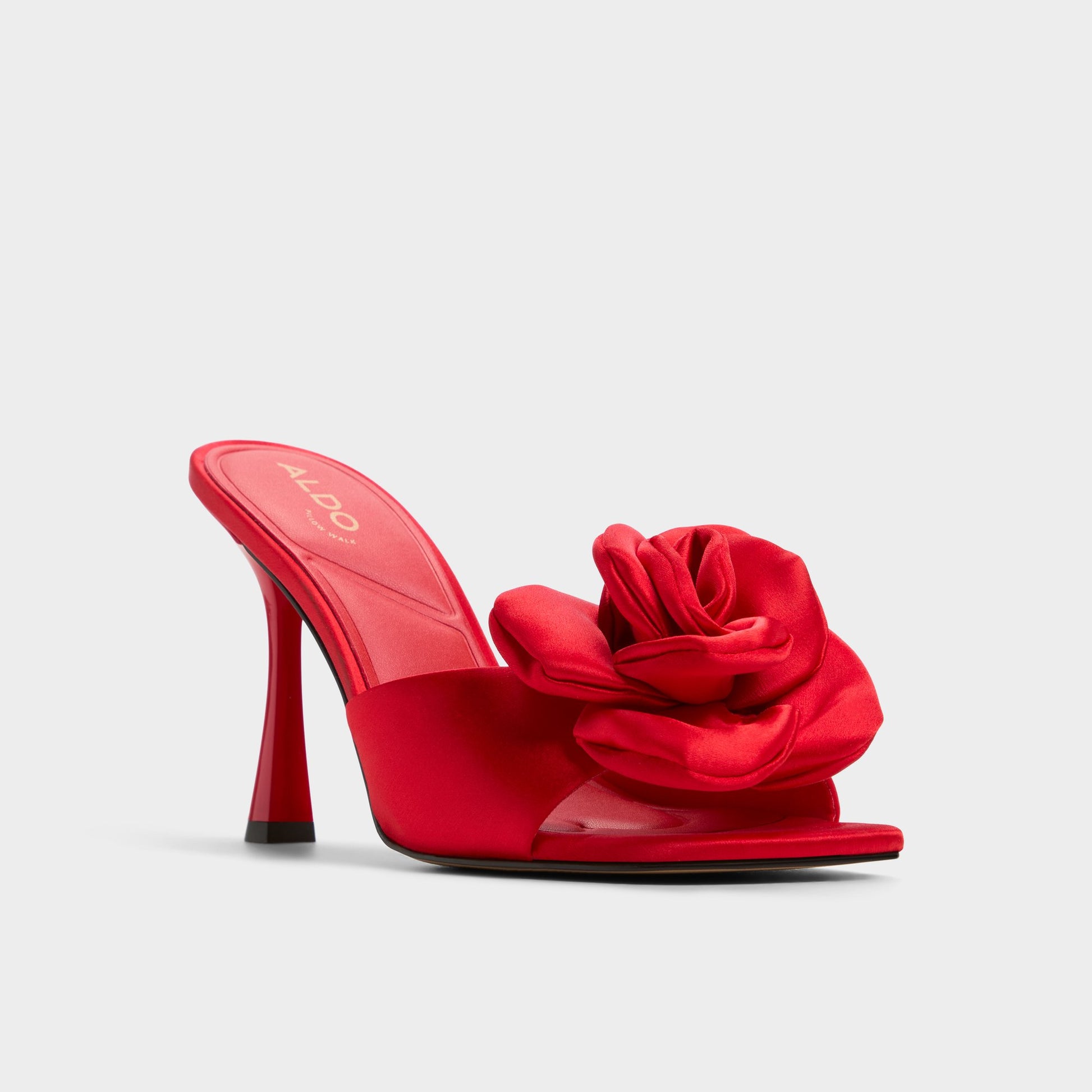 Three-quarter angle of Red Redrose Heeled mule's front side
