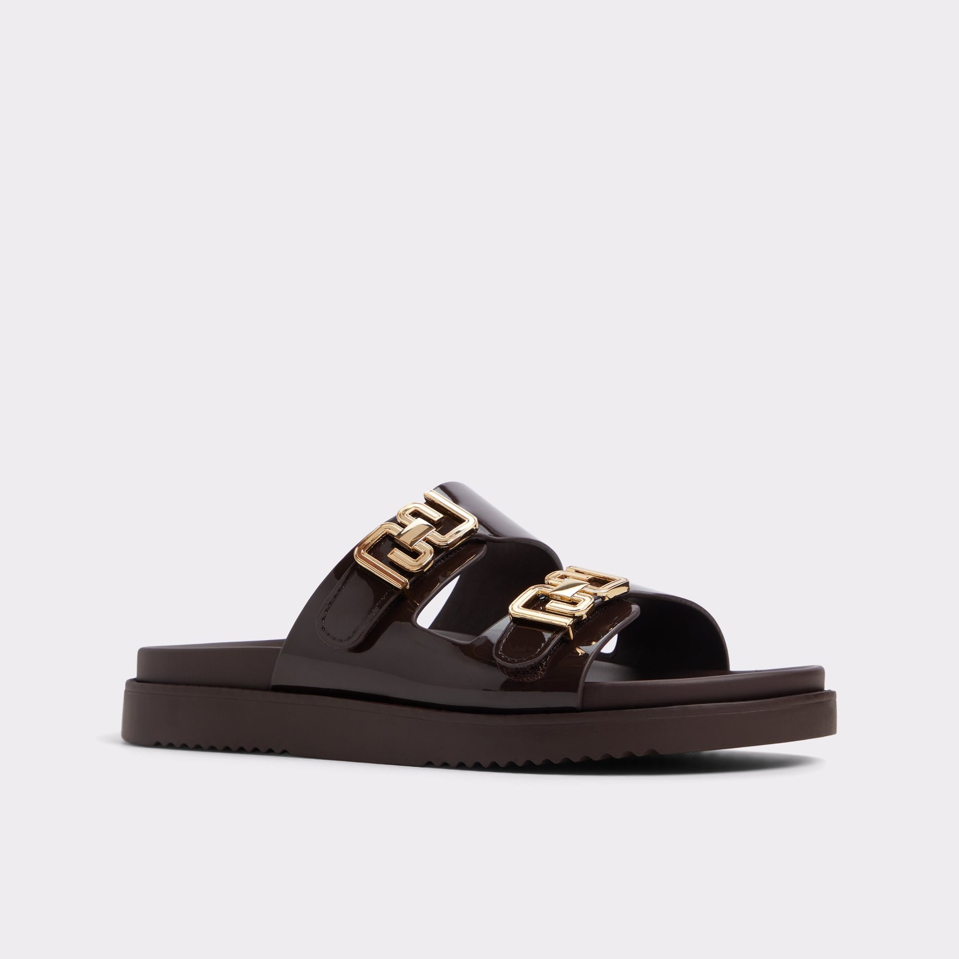 Three-quarter angle of Medium Brown Alessie Footbed sandal's front side
