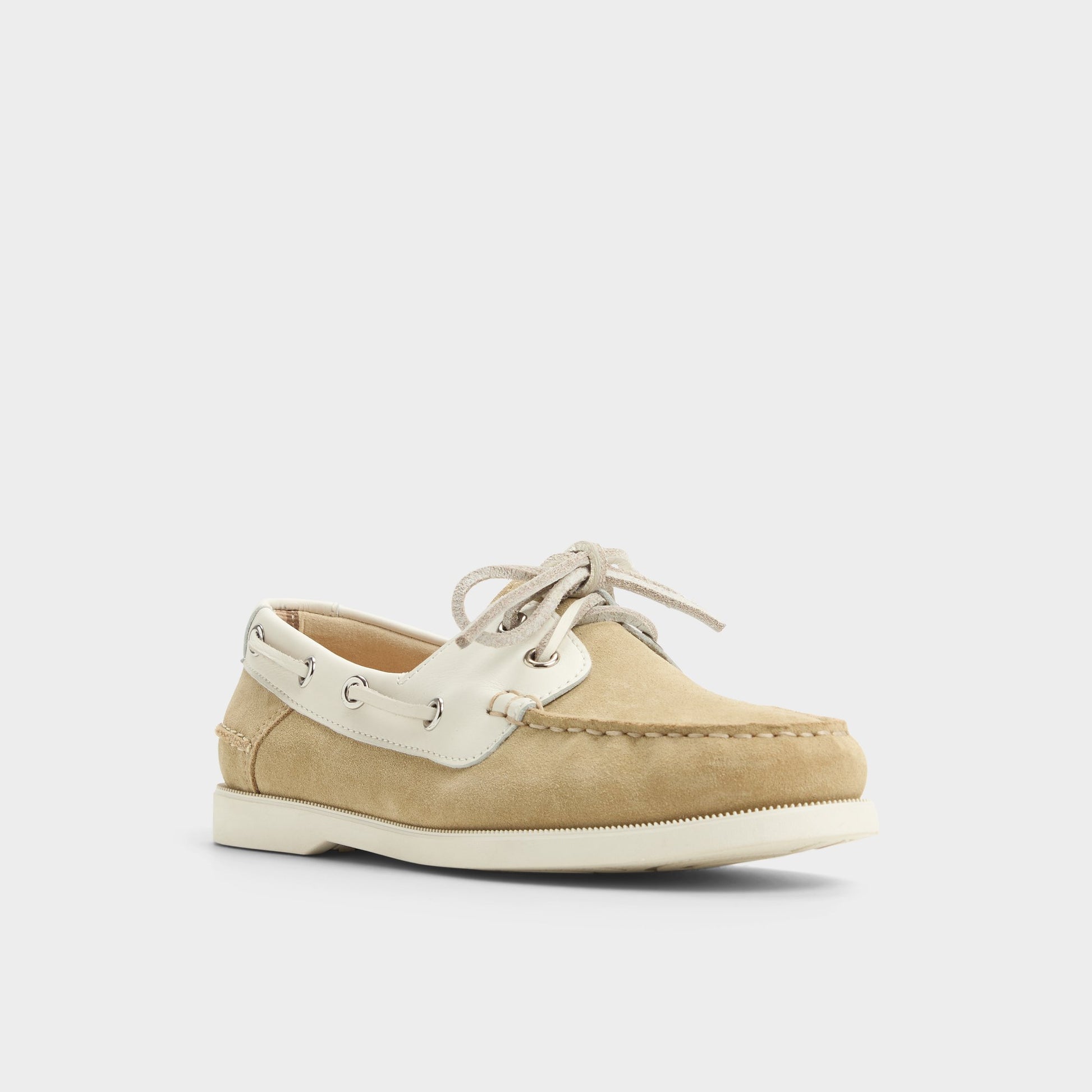 Three-quarter angle of Beige Combo Harborchic Boat shoe's front side